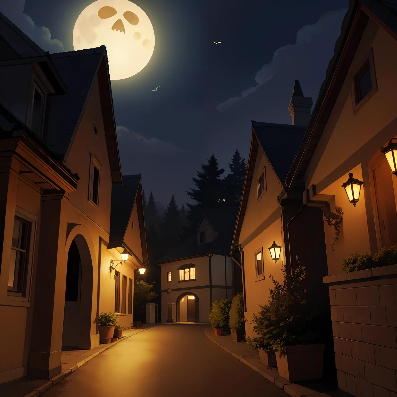 A spooky night，There is a villa on the back
