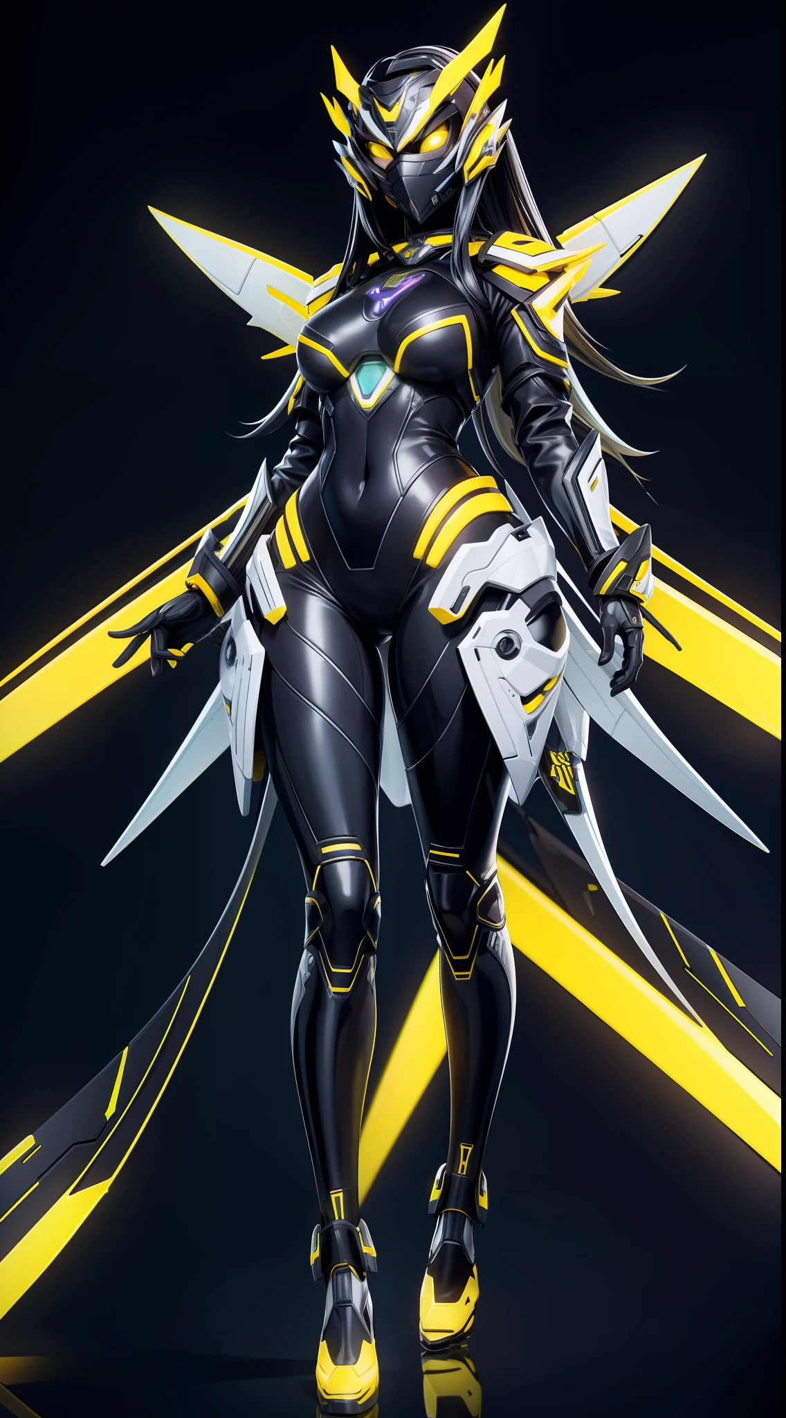 solo, super fine photo, full body picture Unreal Engine 5 8K UHD of a girl, wearing futuristic black and white tight rubber battle suit with wings, cyber knight design, cyber angel knight, full face mask, yellow light details, gloves with yellow light detail, best quality, masterpiece, unified 8k wallpaper, super detailed, sharp focus, stand flying dynamic pose