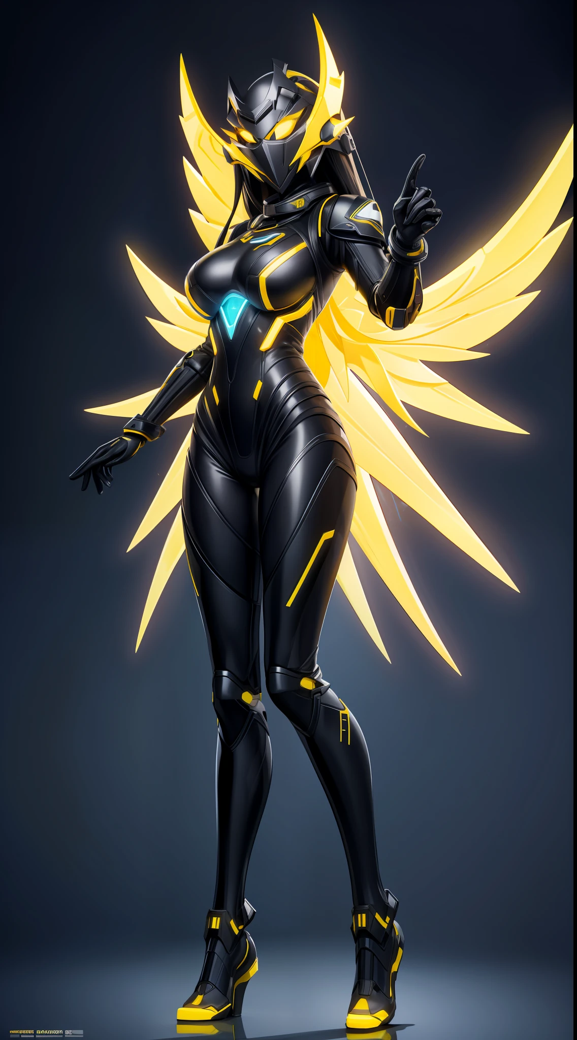 solo, super fine photo, full body picture Unreal Engine 5 8K UHD of a girl, wearing futuristic black and white tight rubber battle suit with wings, cyber knight design, cyber angel knight, full face mask, yellow light details, gloves with yellow light detail, best quality, masterpiece, unified 8k wallpaper, super detailed, sharp focus, stand flying dynamic pose