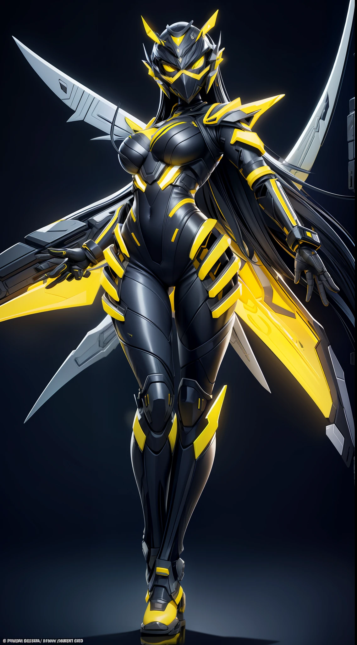 solo, super fine photo, full body picture Unreal Engine 5 8K UHD of a girl, wearing futuristic black and white tight rubber battle suit with wings, cyber knight design, cyber angel knight, full face mask, yellow light details, gloves with yellow light detail, best quality, masterpiece, unified 8k wallpaper, super detailed, sharp focus, stand flying dynamic pose