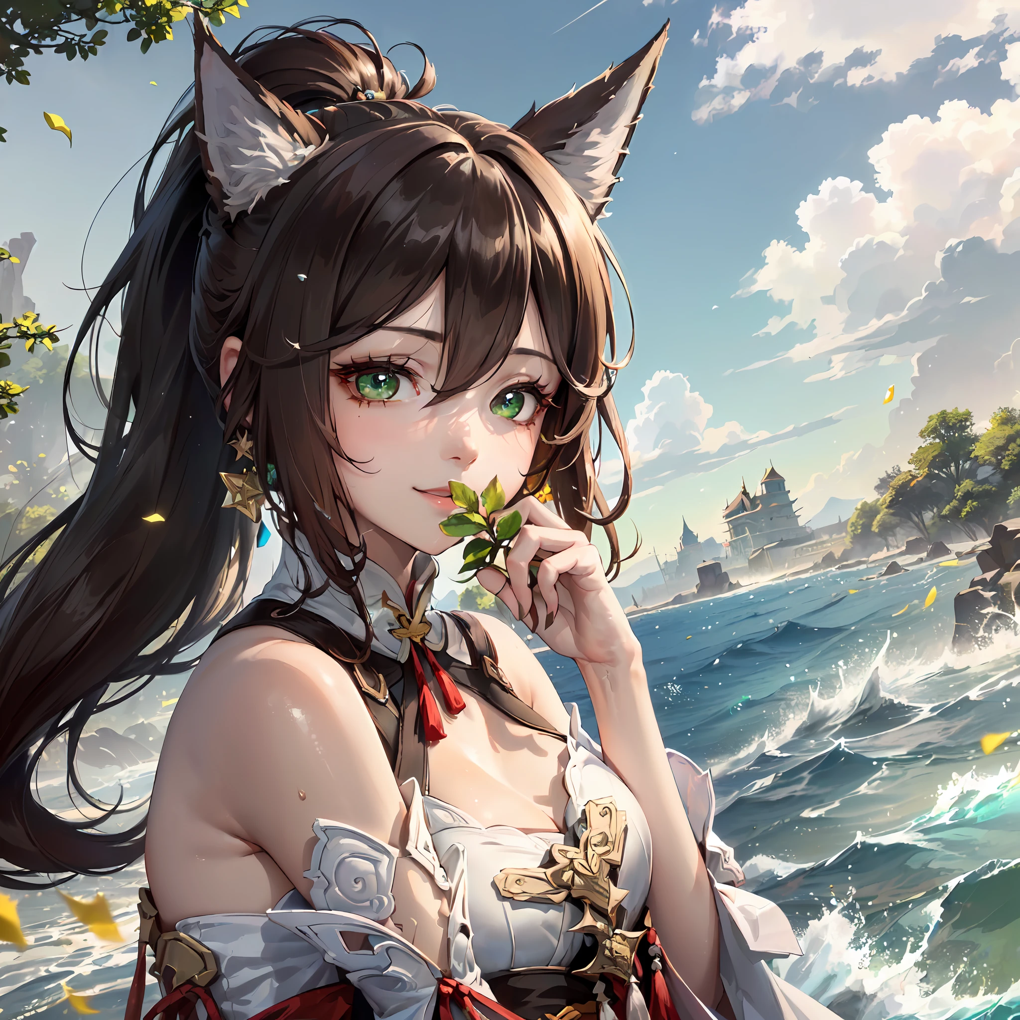 (Dynamic angle,headshot,Facial close-up,sky,water,flower,imid shot, particle effect,artistic effect:1.2), evil smile,(floating and spread hair:1.2), (detailed and delicate and flexible eyes),(1girl,solo,arm, Tingyun (Honkai Star Rail),splash ink,shout,dark brown hair,green eyes,bare shoulders, jewerly, ponytail, medium hair, brown hair, detached sleeves,Big fox ears:1.2), (corrpution:1.15), fov,f/1.8, side lighting, sunlight ,(masterpiece, best quality, Ultra Detail, wallpaper, detailed shiny skin, flawless, 8k, RAW, highres,absurdres,:1.3), (detailed super oily shiny skin:1.1), colorful, power,zhenbanqiao