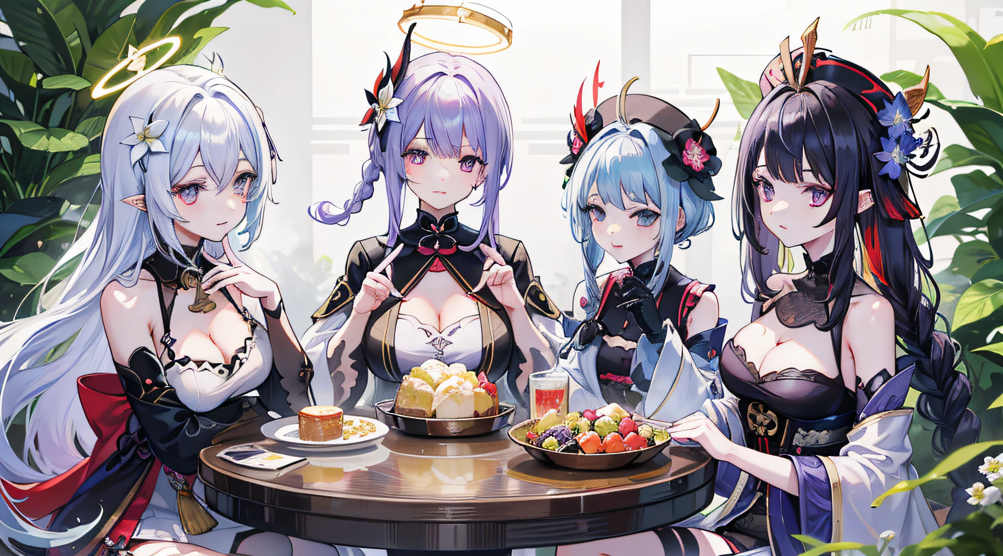 multiple girls, paimon (genshin impact), zhongli (genshin impact), venti (genshin impact), multiple boys, lumine (genshin impact), nahida (genshin impact), raiden shogun, purple hair, hair ornament, blonde hair, cup, braid, food, bangs, aether (genshin impact), gradient hair, green eyes, multicolored hair, flower, white hair, halo, long hair, yellow eyes, single earring, dress, closed eyes, 3boys, purple eyes, earrings, jewelry, black hair, hair between eyes, hair flower, white dress, pointy ears, outdoors, hat, brown hair, short hair with long locks, 2boys, table, holding cup, holding, japanese clothes, mug, gloves, breasts, white flower, closed mouth, beer mug, twin braids, green headwear, open mouth, smile, black gloves, cleavage, 3girls