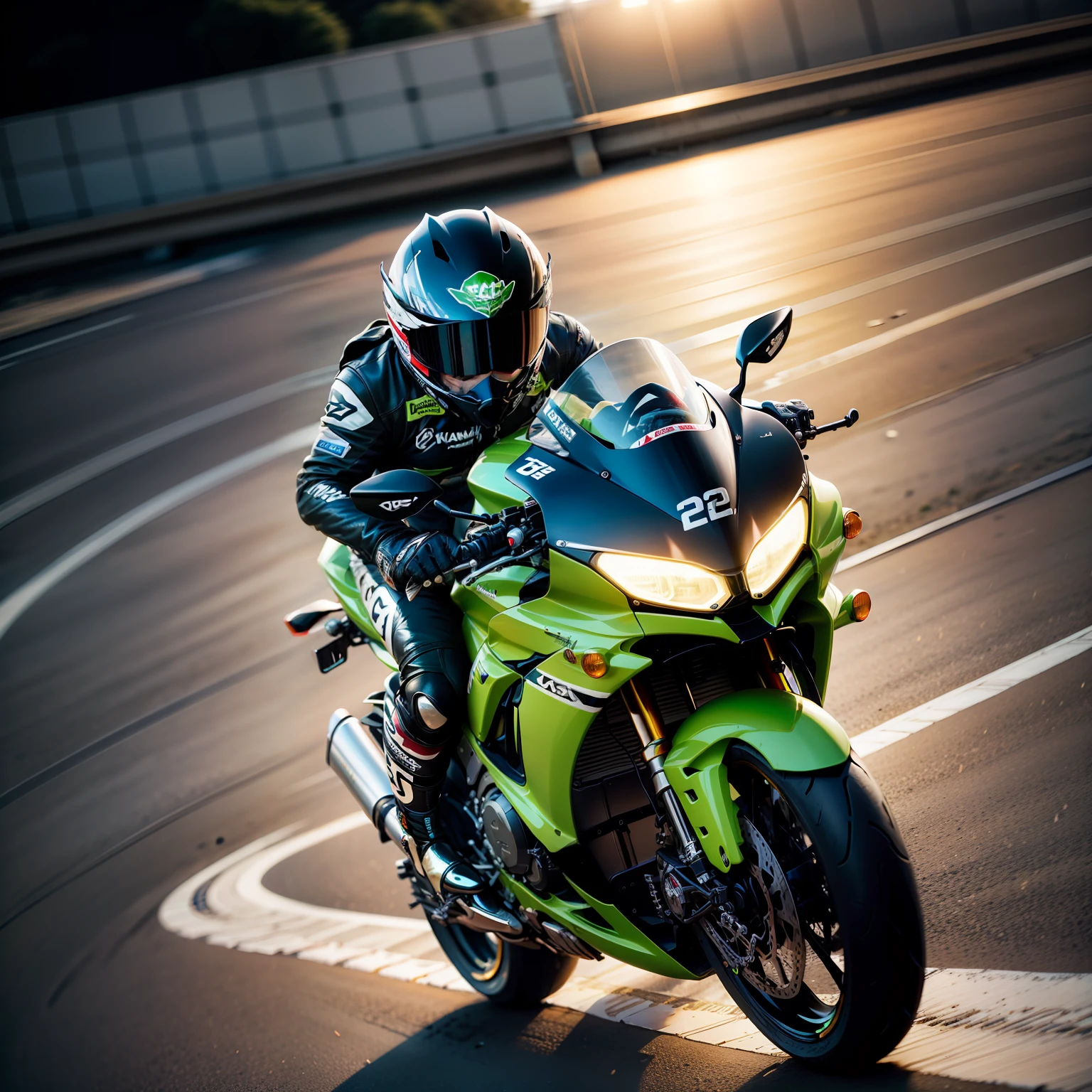 black hair, Riding a race motorcycle, Kawasaki ?2 Boy, deep dark background, On the highway, Drive at great speed, Surrealism, 8k, super detail, 16k, 16k, 16k, highres, best quality