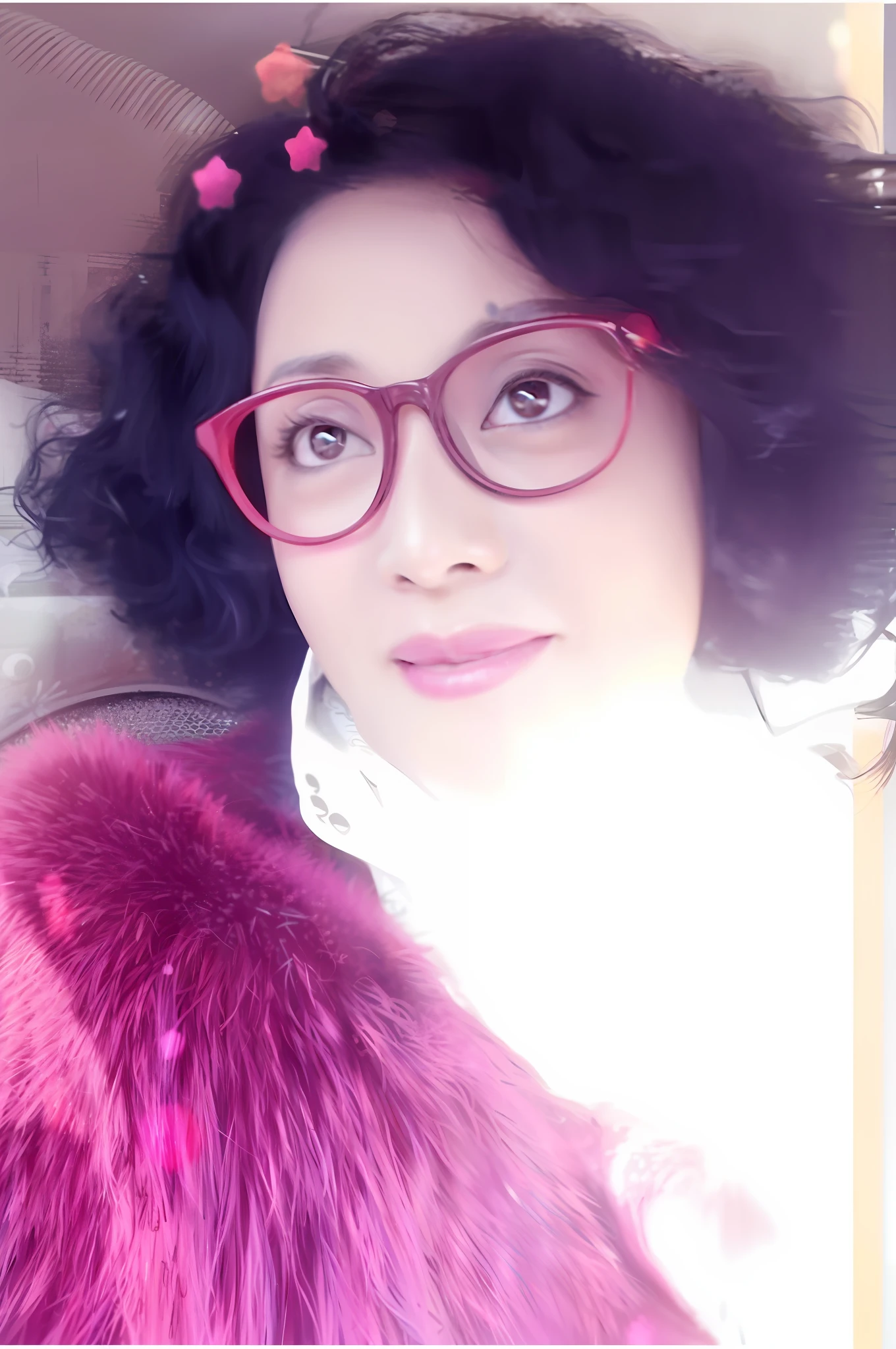 There was a woman with glasses and a pink fur coat, Profile image, author li zhang, inspired by Yao Tingmei, Femme, inspired by Jiao Bingzhen, Inspired by Tsuji Fukada, Inspired by Tang Yifen, inspired by Gu Zhengyi, um dia ensolarado, taken in the early 2020s, inspired by Liu Haisu