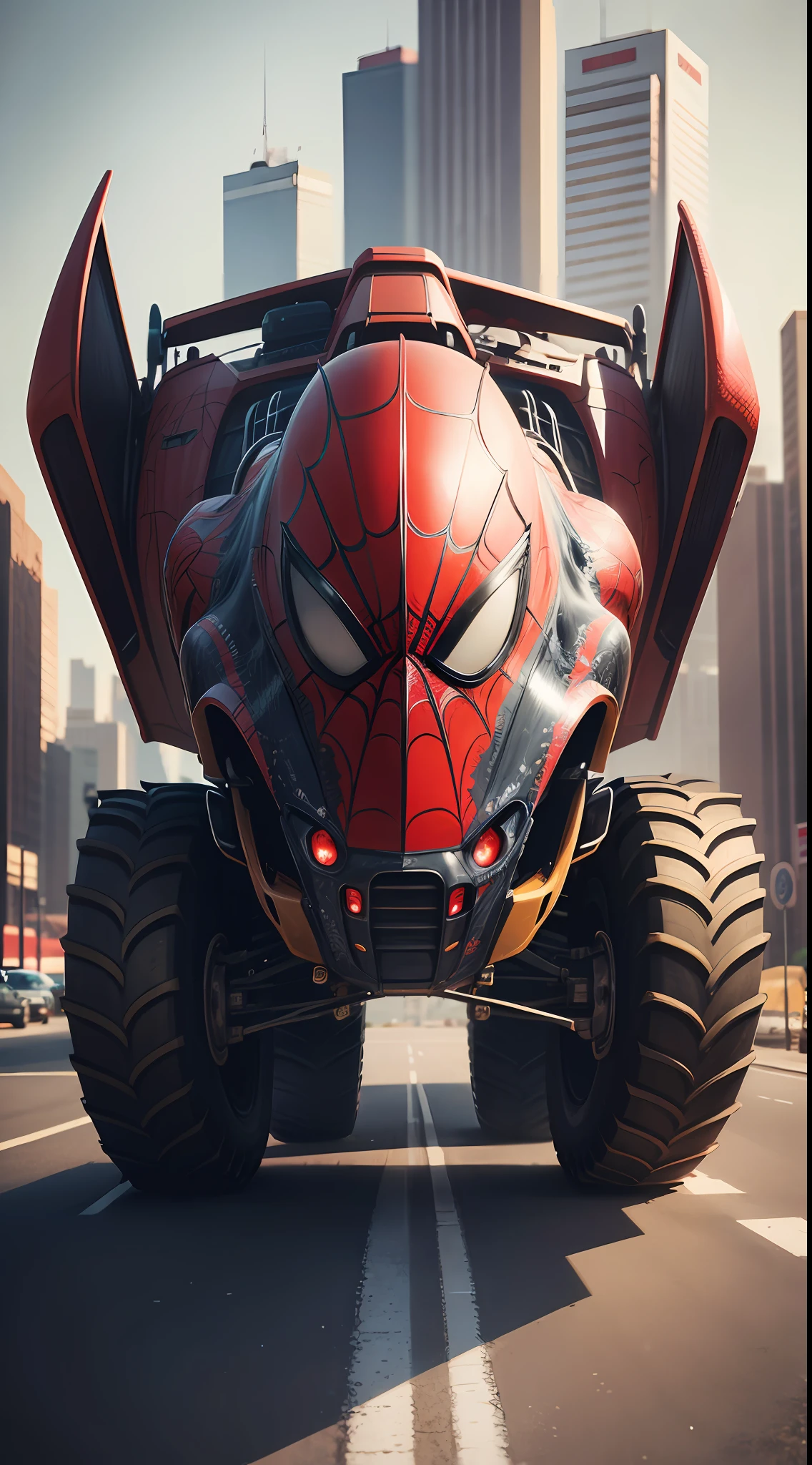 Spiderman patterned monster truck, (((monster truck))), Realistic, Photorealistic, (masterpiece:1,5), urban background, concept art, intricate detail, high detail, photo realistic, octane render, 8k, dynamic poses, best quality, (face realistic : 1.1), (hyperrealistic:1.1), ((full_body 1:1)), (very detailed background), not out of frame, Macro photography, Macro lens, Super detailed