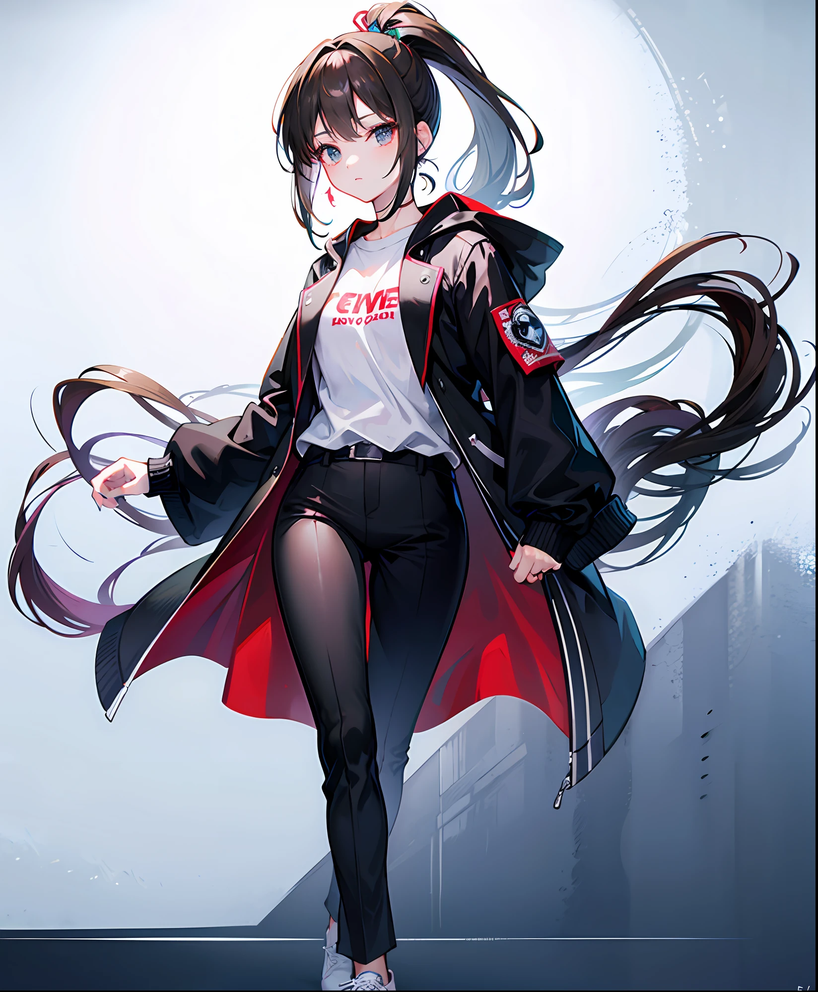 （Perfect image quality，Excellent art style，Super delicate CG Unity 8k wallpaper）Two-dimensional brunette girl，Pure，With a high ponytail，dressed in a black jacket，whitet-shirt，Slender black trousers，White canvas shoes。