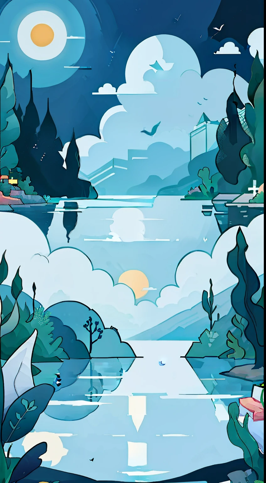 hi can you make a cutting paper building layer that consist of 5 minimal layer, with a visual sun, clouds, and so many plants , the sunlight reflects on the water such a peaceful visual than you know that you are free and you are protected. it's calm and peacefull and freeing. can you make someone swim in supesition position facing toward the sun reflection