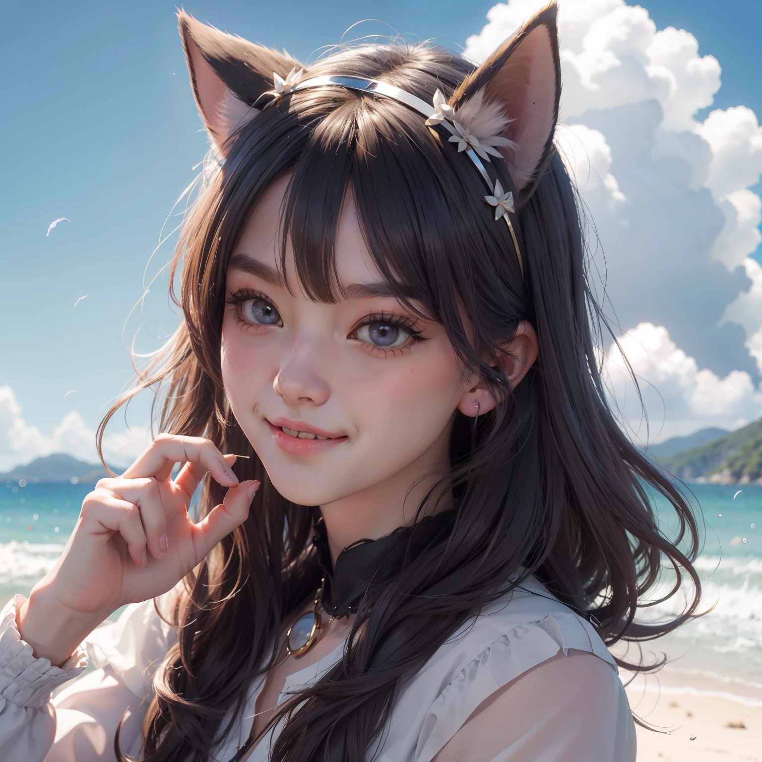 hair bobbles, wince, longeyelashes, solid circle eyes, fake animal ears, light smile, ear blush, fang, Surrealism, drop shadow, anaglyph, stereogram, tachi-e, pov, atmospheric perspective, 8k, super detail, ccurate, best quality