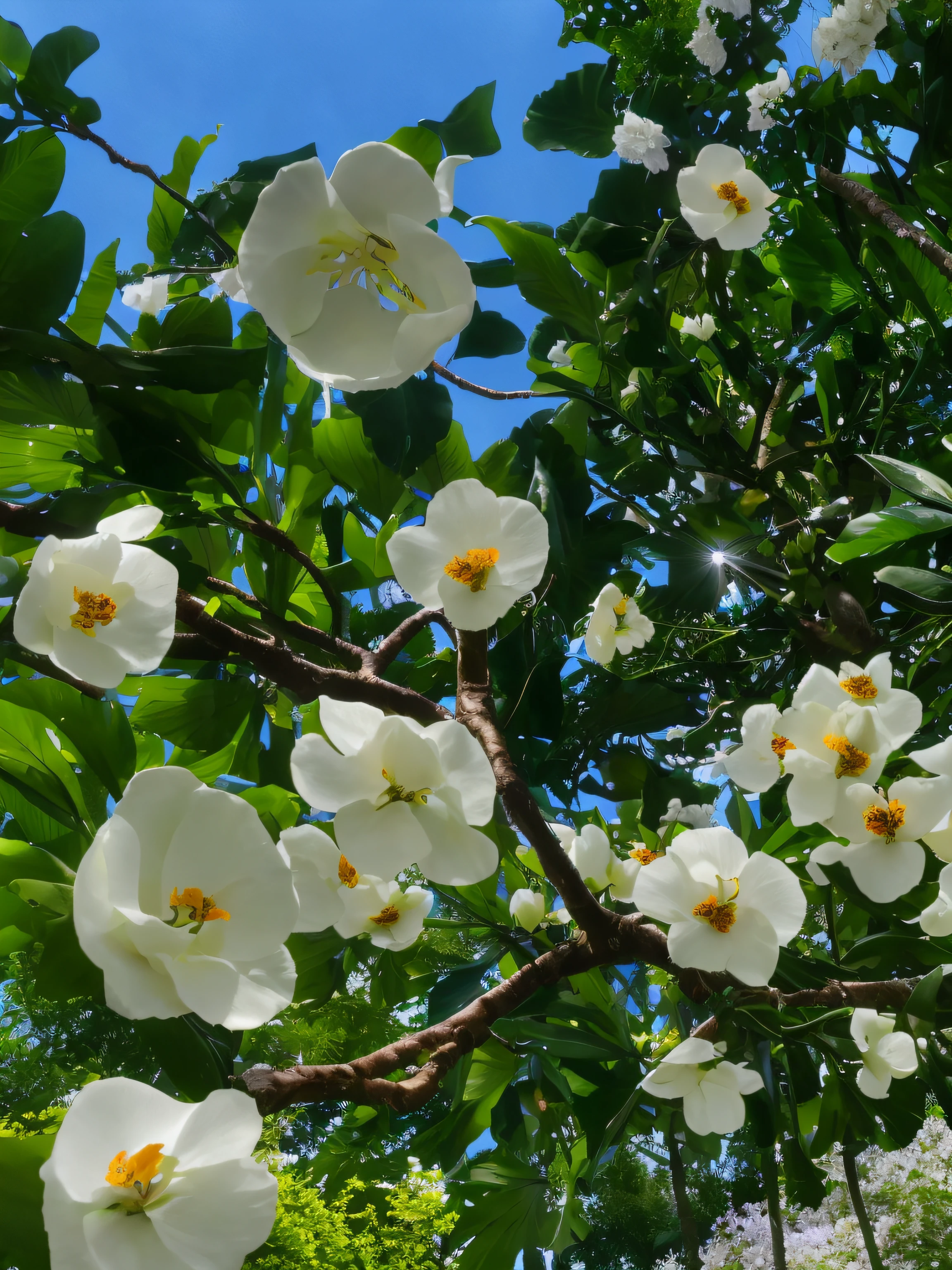 White flowers grow on the trees in the sun, huge flower, large opaque blossoms, white blossoms, flowers blooming, Blooming flowers, blooming tropical flowers, White flowers, Flowers and trees, detailed trees in bloom, trees and flowers, nature and floral aesthetics, look from down, View from below, lush trees and flowers, Incredibly beautiful, flowers and blossoms