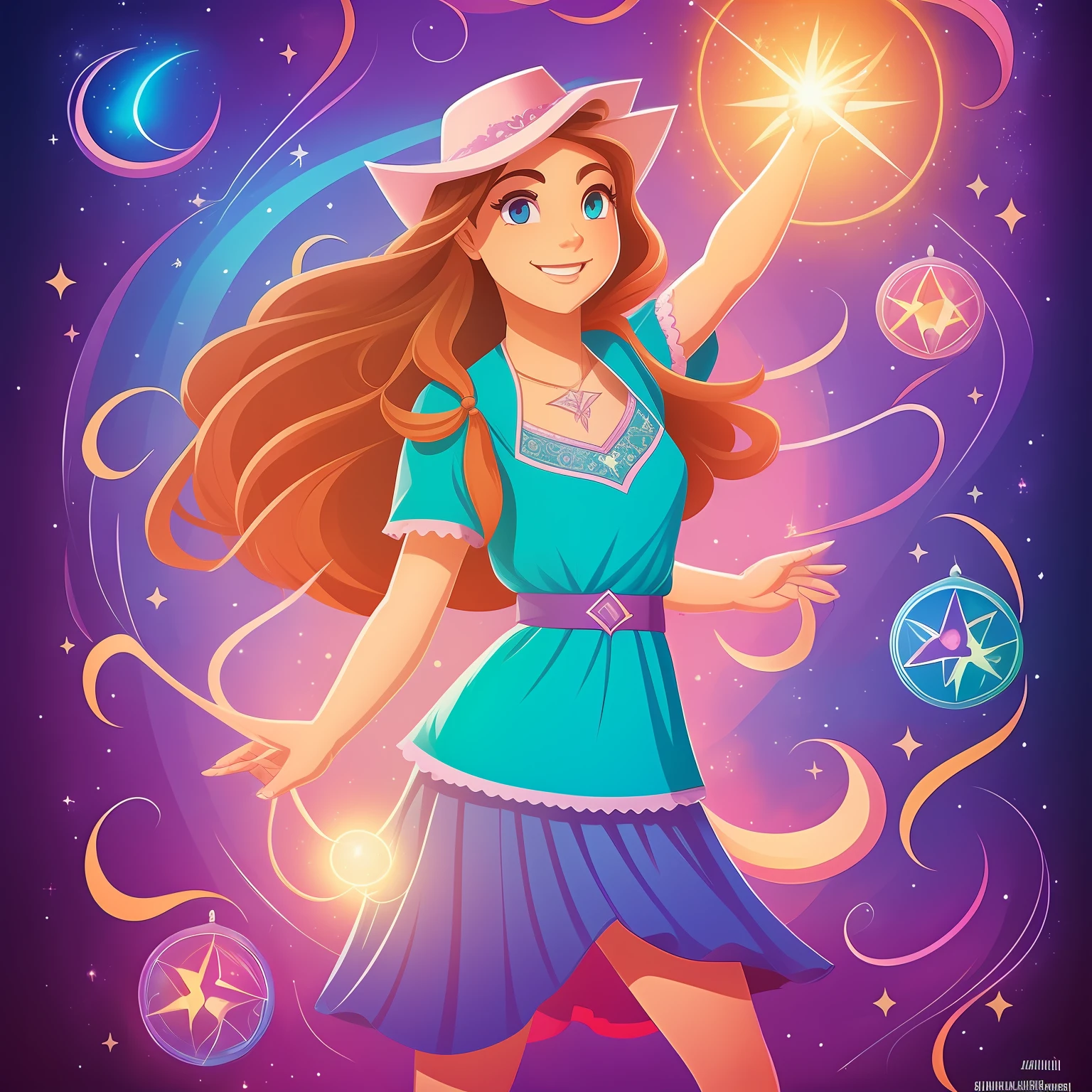 Mabel Pinheiros, a personagem de quedas por gravidade, como uma adolescente, is wearing a set of blue clothes, a blouse and pants, que refletem seu estilo peculiar e alegre. Ela possui asas de anjo que emanam uma luz suave, Adding a magical touch to the scene. With a spell book in one hand and a graceful gesture, Mabel is casting a colorful spell that creates magical shapes in the air around her. Mabel Pinheiros, quedas por gravidade, adolescente, roupas azuis, blusa, Pants, asas de anjo, magic spell, spell book, magia, alegria, peculiar, desenho animado, Estilo Cartunesco, Azuis vibrantes, Colorful shades for the spell, Magic, Entretenimento, feiticeira.