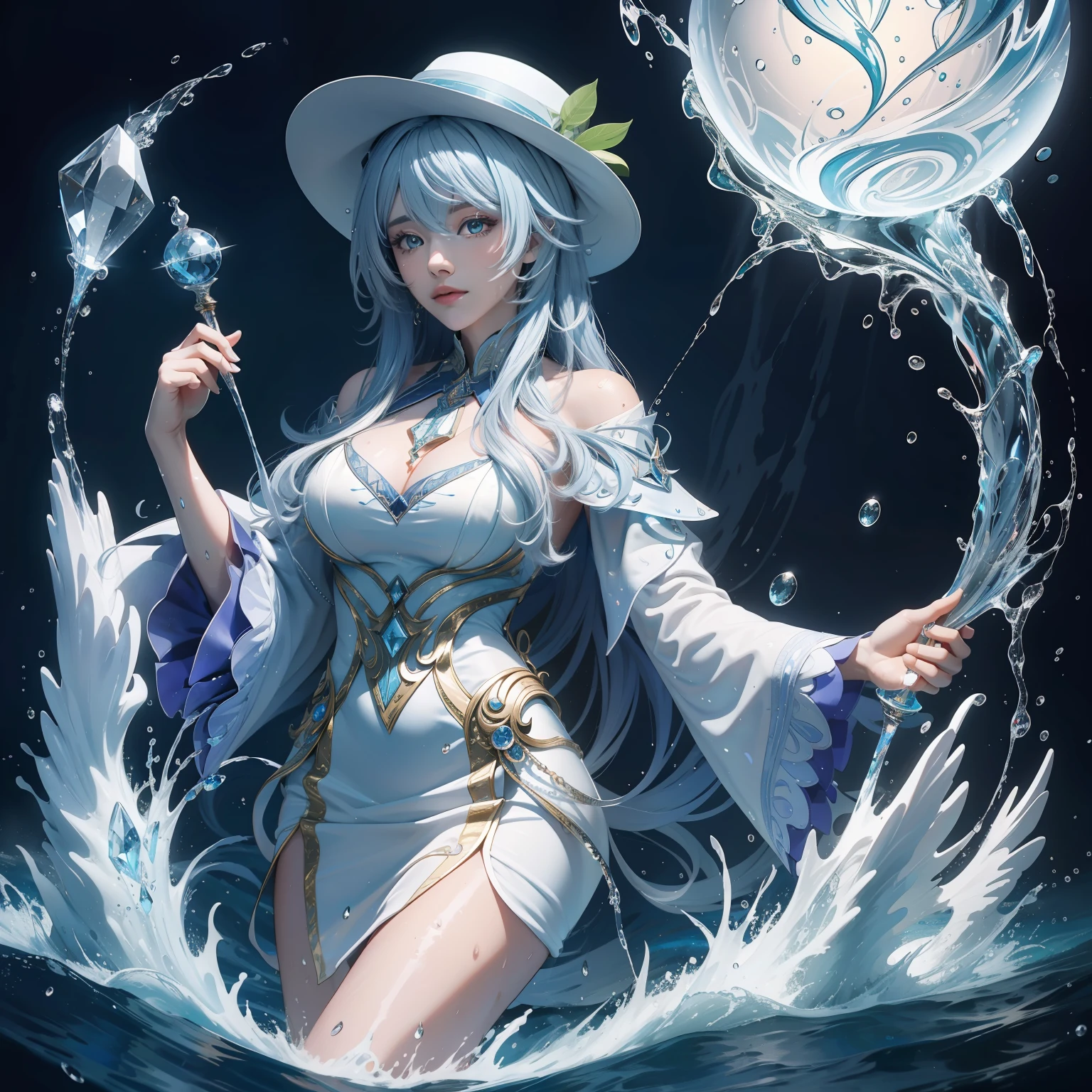 fish eye, Masterpiece, Top quality, Best quality, offcial art, Beautiful and aesthetic,A detailed,8K image quality water, (Flowing water),flowing water droplets,(splashing water drops),Water magic,Water Magic Practice,(Fall in the hands), 1girll, ((Wand in hand with magic hat)),Magic cloak,Slim body bank,long white hair, Beautiful face,High value,crystal sphere,shadowy,shift dresses,libraryai