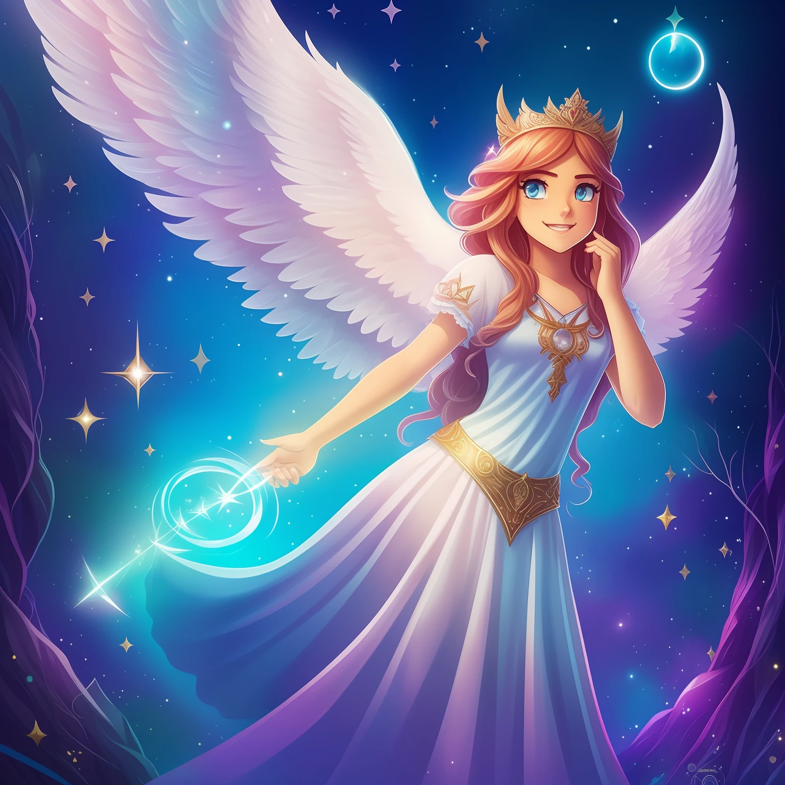Mabel Pines, a personagem de Gravity Falls, aparece como uma adolescente encantadora. She's wearing a set of blue outfits consisting of a short-sleeved blouse and pants with gold star accents. Suas roupas refletem seu estilo peculiar e alegre. The angel wings that sprout from his back are white with subtle details in shades of blue. Mabel is in a graceful pose, floating slightly above the ground in a magical atmosphere. Ela tem um sorriso cativante no rosto, conveying your joy and adventurous spirit. In his right hand, holds an antique spell book with an aged leather cover, whose pages seem laden with occult wisdom.

When casting a spell, The magical glow around you comes to life. The spell is a fusion of vibrant colors that dance in spirals in the air. Small twinkling stars and mystical symbols accompany the magical effect, criando uma aura deslumbrante ao redor da jovem aasimar. Mabel Pines, Gravity Falls, Adolescente, Roupas azuis, Blusa de mangas curtas, Pants with gold star details, Asas de anjo brancas com detalhes em azul, Pose graciosa, magical ambiance, Sorriso cativante, Ancient spell book, Pages laden with occult wisdom, magic spell, Magical Glow, Cores vibrantes, Estrelas cintilantes. highes definition, Arte de desenho detalhado, Estilo de desenho animado de alta qualidade, Azuis vibrantes, Branco puro para as asas, Sparkling colors for the magic effect, magic, Divertida, Encantadora, Aventurosa.