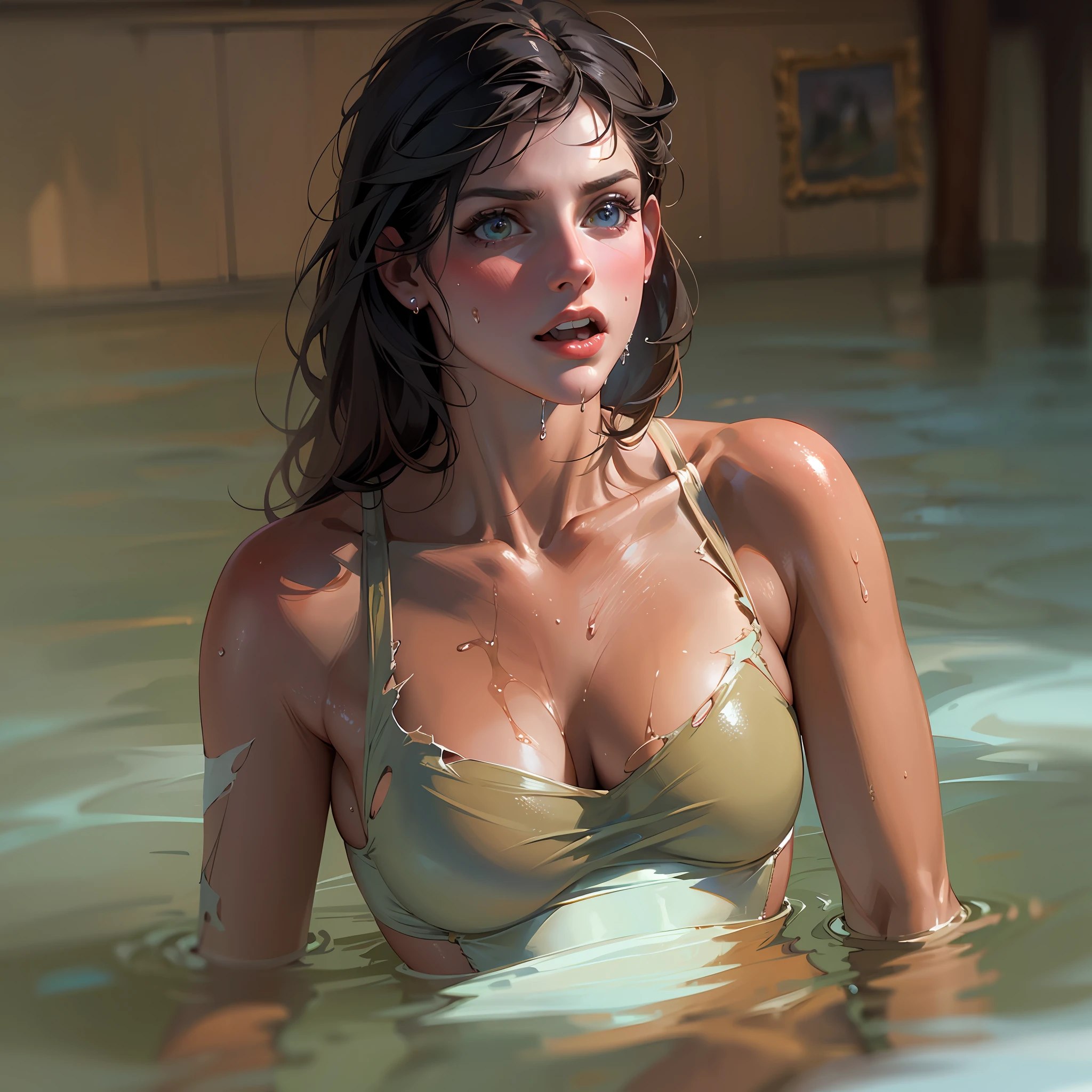 (1 gir), (Alexandra Daddario), ripped clothes, fell to the floor, exposed breasts, a wet white T-shirt, exposed more than half of her breasts, She tried to cover her breasts with one hand, made her breasts more attractive, Her lower body was wearing torn panties, Her other hand seemed to be covering her naked lower body, a blush on her face, her whole body was soaked in sweat, her whole posture was extremely attractive, seductive pose, ((the most beautiful woman in the world)), perfect body, perfect nose, ((well-groomed teeth)), high definition, best quality, ultra-detailed, extremely delicate, high details, ((anatomically correct)), symmetrical face, extremely detailed eyes and face, high quality eyes, UHD, 8k, RAW photo, (Natural light), (professional lighting:1.5), photorealistic, realistic, ((beautiful woman)), goddess, femminine, attractive, ((masterpiece:1.5))