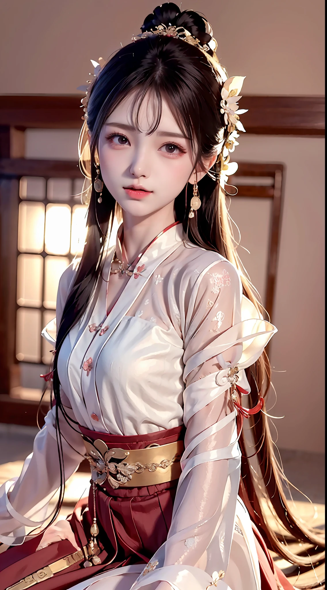 JK Maiden,A girl wearing a Japanese girls' school uniform,8K,Extremely high image quality,Cinematic film texture,photorealestic,Eating Japanese food,Nikkei background,depth of fields,Tatami room,Warm lighting,Bow on chest,Qi bangs,Long hair that falls over the shoulder,(Playful eyes),二重まぶた,Deepening of the tail of the eyes,Lying silkworm,Wear a bracelet on your wrist,Scarlet lips,The lips are shiny and textured,Fine skin texture,Brown sparkling pupils,((((Keep your eyes on the camera)))),Slender fingers,((face round)),(((Small lips))),Black halterneck hanfu,Small-headed spells(Prompt): ((hyper HD)),Best image quality,8K resolution,Higher quality,Works of masters,Antique peerless beauty bride,Exquisite facial features,Absolutely beautiful,Crystal red lips,ssmile,Nice big eyes,Delicate long eyelashes,Sweet with lying silkworms,鎖骨,Black color hair((Loose Chinese antique hairstyle,Floral hair ornaments,Wearing a white sheer silk shirt with large sleeves,Glossy,Multi-layer yarn,There is beautiful embroidery,))Skin that is white and red,Extreme picture quality((((Get close to the viewer,Court-style mosquito nets,Festival room,sit on a bed
