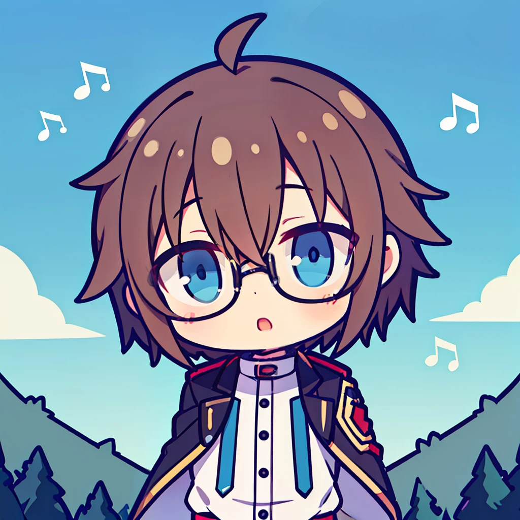 Libido boy,Shota,adolable,tchibi,Idle,brown hair,blue color eyes,black-frame glasses,Musical elements,Sunshine, Manteau blanc, Adventure,,white uniform,shorter pants,nature backdrop