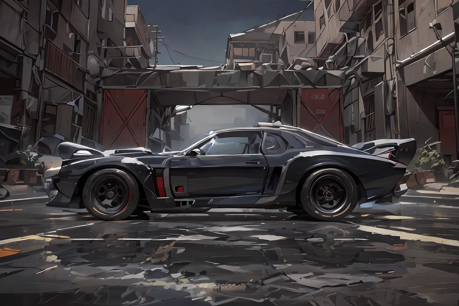 Black body、A black、black car、((Best Quality)), ((masutepiece)), Highly detailed, 8K, From Side, drivers seat, holding steering wheel ,sitting in car, inside of a car, Thumbs up, Happy, excited, (maturefemale:1.2), huge-breasted, Plump, Black hair, Red Eyes, tshirts, half-pants,gloves,