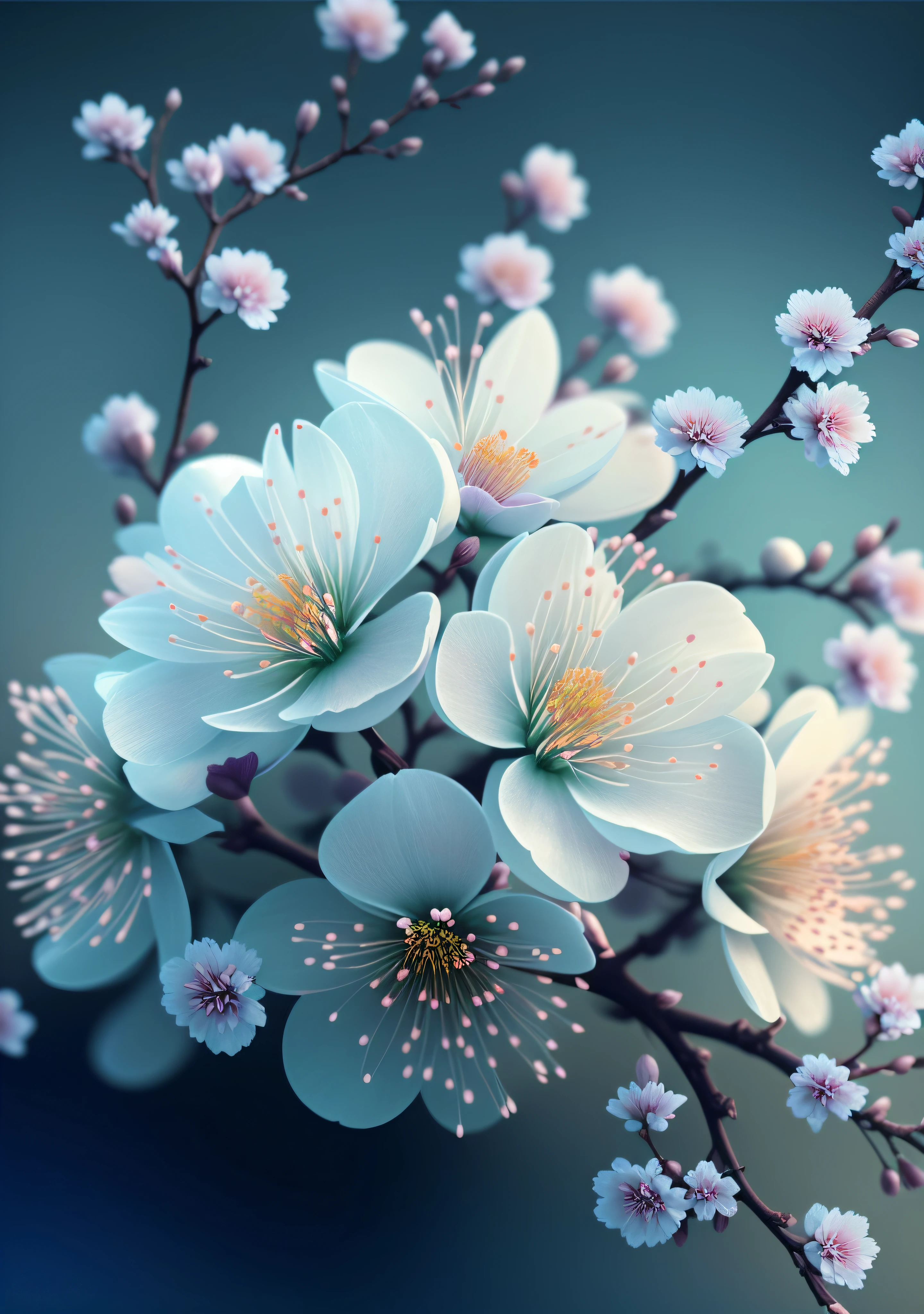 there is a close up of a bunch of flowers on a branch, paul barson, flower blossoms, beautiful digital artwork, beautiful digital art, flowers and blossoms, surreal waiizi flowers, beautiful flowers, blooming flowers, flowers with intricate detail, incredibly beautiful, beautiful art, beautiful composition 3 - d 4 k, gorgeous digital art, sakura flowers