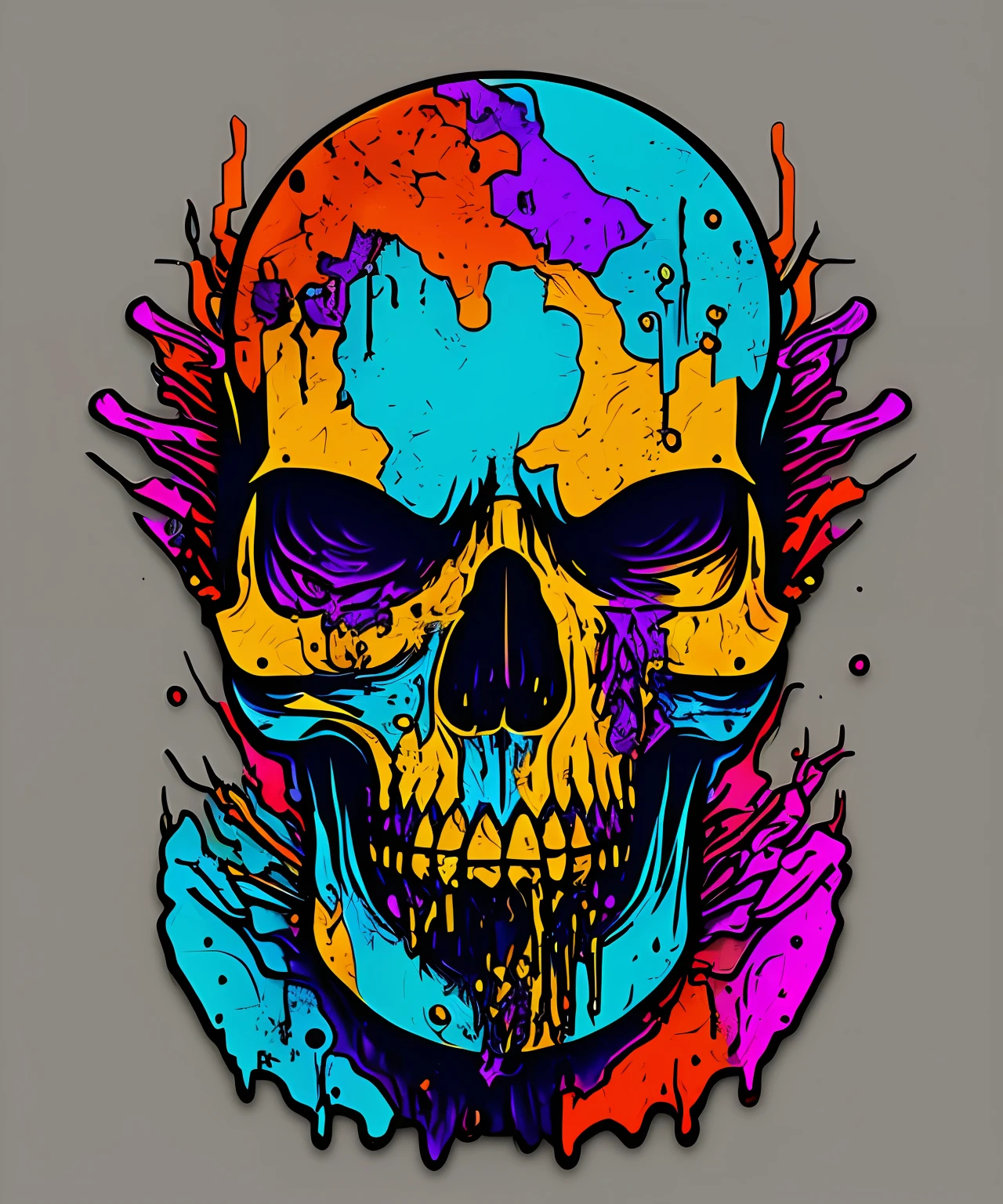 (a portrait of Cyberpunk Skull with colorful fluid l:1) ,  t-shirt logo in the style of tapered  fine outline,  orthographic-view, art on (empty background:1.4)Hands, sticker