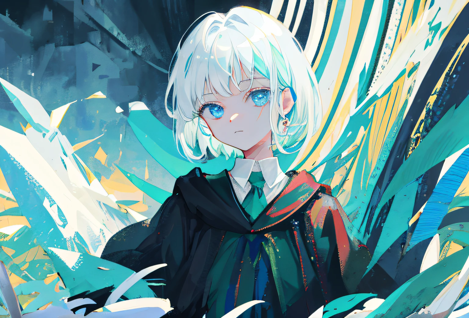 (absurdres, highres, ultra detailed), 1 girl , mature, sadness, distressed , upper body, short hair , white hair, winter, blue eyes , Slytherin, gag, light green