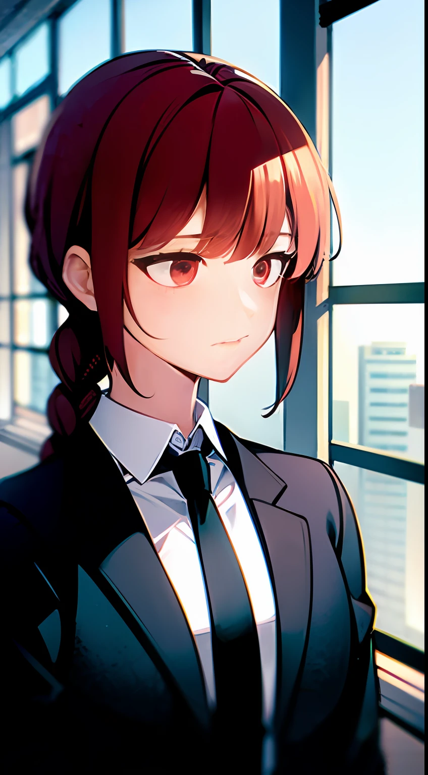 in side, city, sky, windows, floor, red hair, french braid, sulking, upper body, (looking to the side:1.3), red eyes, white shirt, black necktie, expressionless,