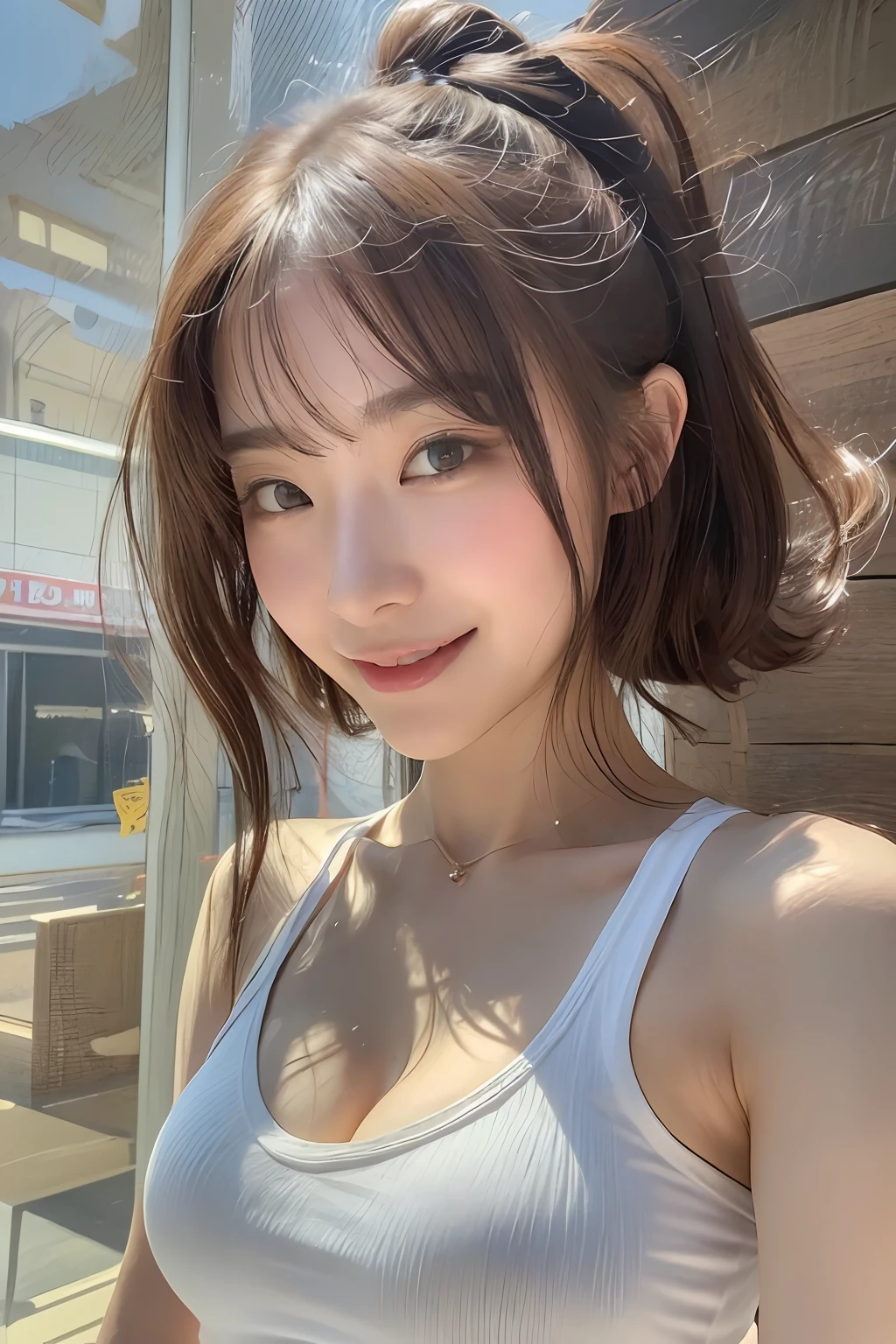 (top-quality、8k、32k、​masterpiece、UHD:1.3)、Attractive Japanese Woman Pictures、女の子 1 人、abdominals、the perfect body、(white tank tops:1.1)、hyperdetailed face、detailed lips、finely eye、二重まぶた、a smile