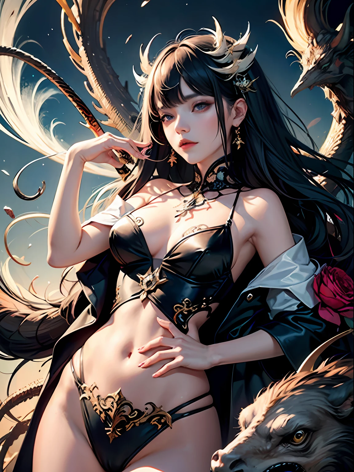 offcial art,统一 8k 壁纸,ultra - detailed,Beauty and aesthetics,tmasterpiece,best qualtiy,(zentangle,datura,Tangles,entangled),(s fractal art:1.3),1girll,The is very detailed,dynamic angle,cow boy shot,The most beautiful form of chaos,elegant,Fauvist design,vivd colour,romanticism lain,James Jean,Robbie Devi Antono,ross tran,Francis Bacon,Michal Mraz,adrian ghenie,petra cortright,Gerhard Richter,Takato Yamamoto,Ashley Wood,Atmospheric,A note of ecstasy,streaming musical notes visible,Dragons and girls