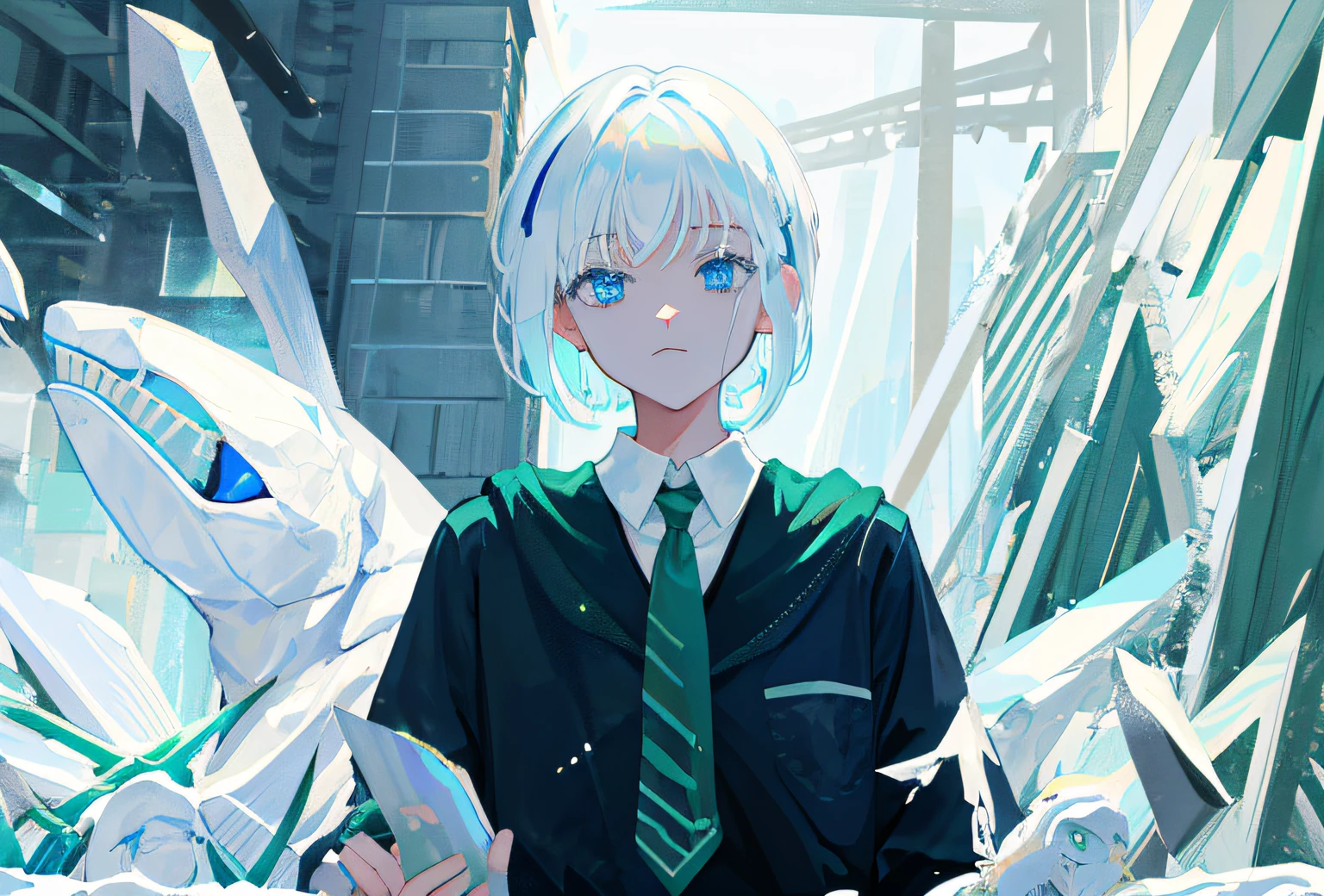 (absurdres, highres, ultra detailed), 1 girl , mature, sadness, distressed , upper body, short hair , white hair, winter, blue eyes , White shirt , Green tie , Slytherin, gag