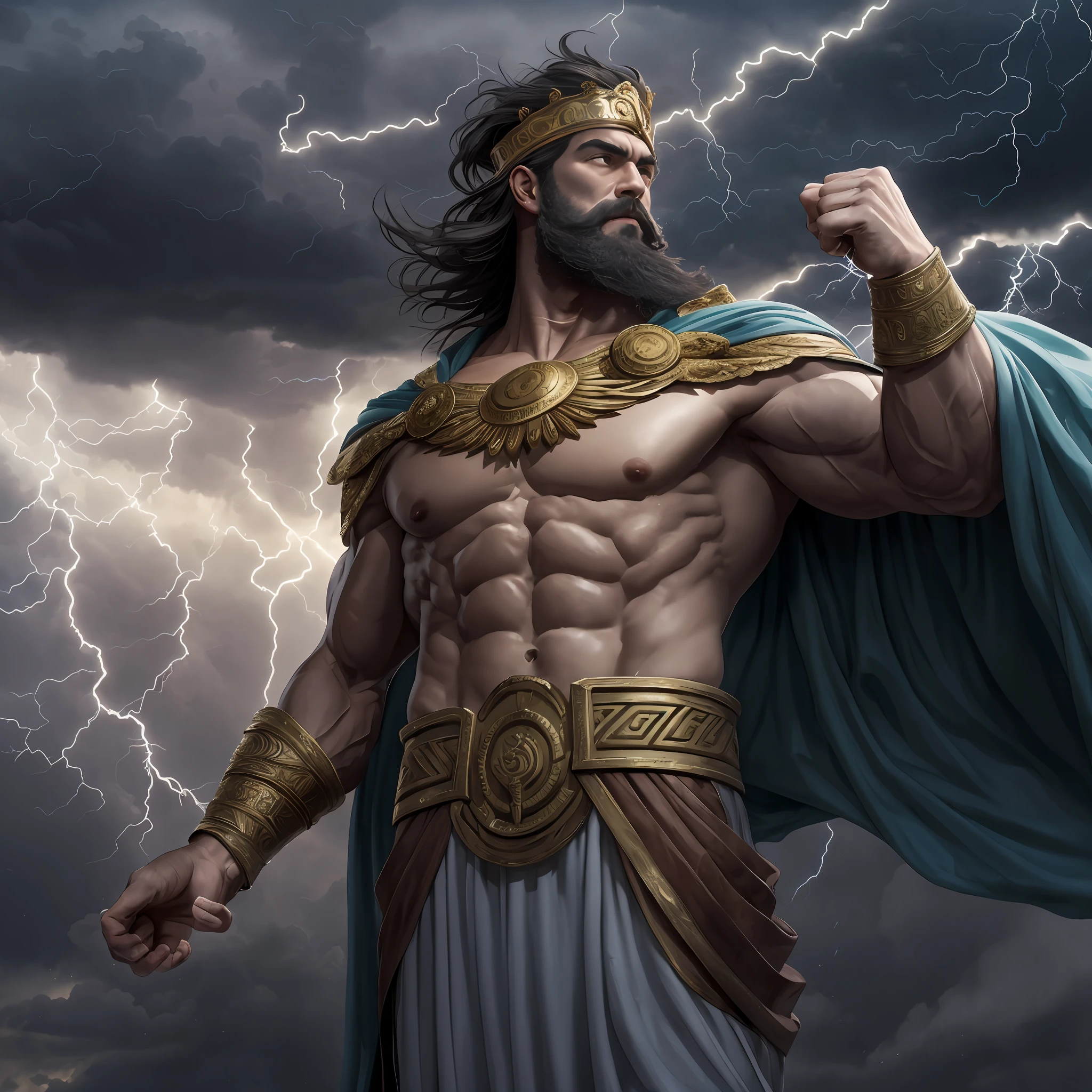 King of Olympian Gods, Thunder God, With dark hair and dark beard, Is very musclar and tall, Looks proud and dignified, Wears a greek toga, thunder, lightning bolts, eagles, stormy sky, Greek mythology, solemn atmosphere, Super high quality, Super accurate description of hands, HDR, Photorealistic, Super detail, Masterpiece, 8K