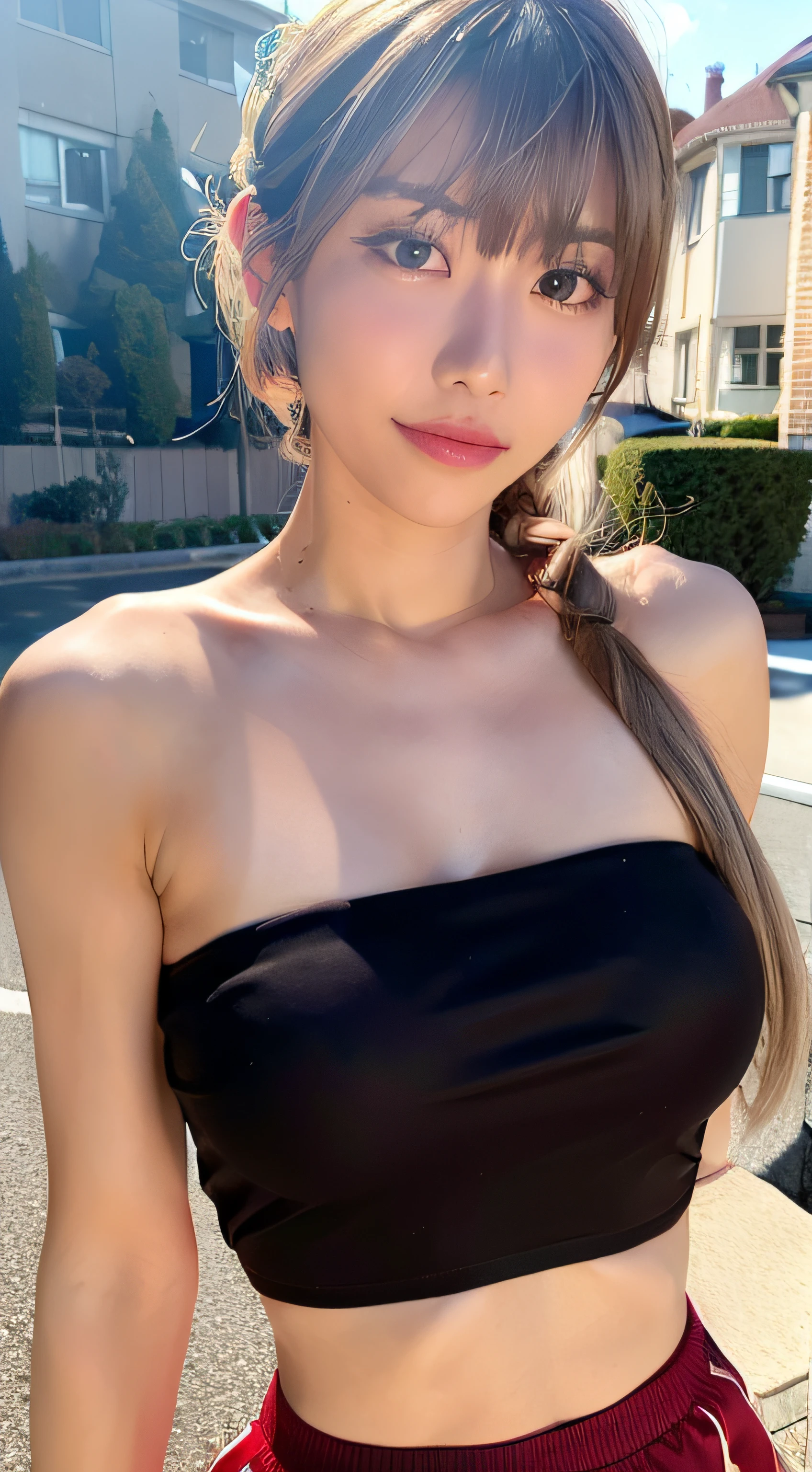 (8K, Raw photo, Best Quality, masutepiece:1.2), (Realistic, Photorealsitic:1.37), Best Quality, 超A high resolution, NFSW Backlit, light leaks, Dynamic lighting, slim, Smooth skin, (pureerosface_v1:1), bond, Navel, Kpop Idol, (Beautiful detailed eyes:1),(beautifull detailed face:1),(Freebuff:1.2), Outdoors, ulzzang-6500, 1girl in,Upper body, (:1.2), , from the front side, Front view, Looking at Viewer, Huge breasts, arms behind back, Street, Sunlight,((Aya Ueto)),