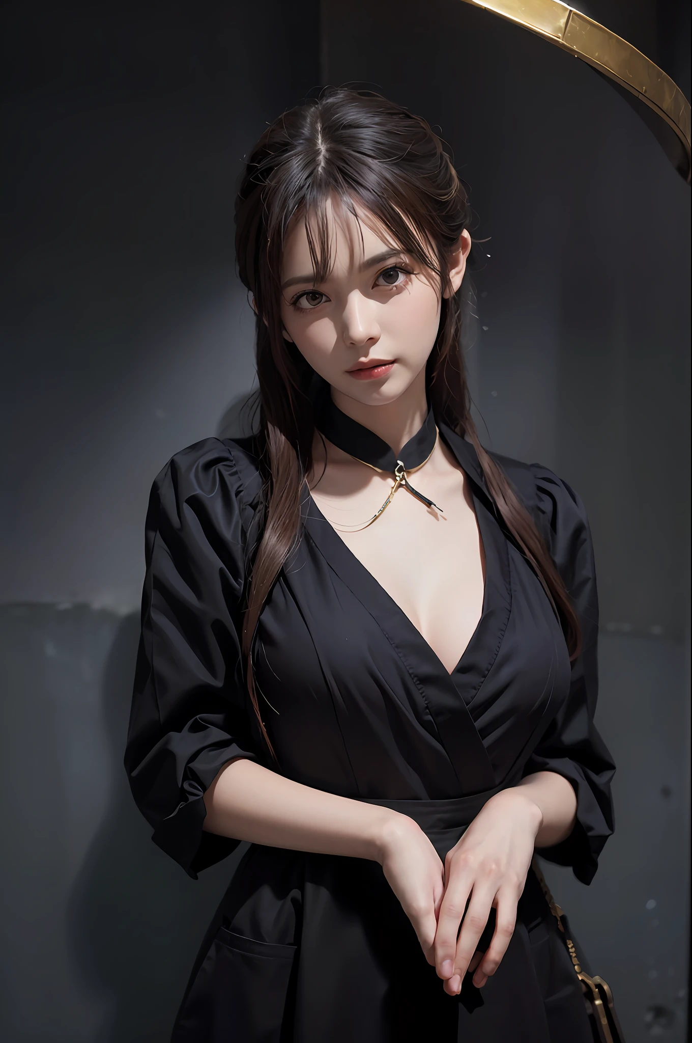 (Front focus),(in the darkness nigth:1.6),Surrealist portraits of women by David Hockney and Alphonse Mucha,Fantasyart,photographrealistic,动态照明,artstation,poster for,Volumetriclighting,Very detailed faces,4 k,Award-Awarded, 1girl, in the dark, deep shadow, low key, cowboy shot, (official clothes:1.4), long whitr hair,low chest,huge tit,deep v big breasts