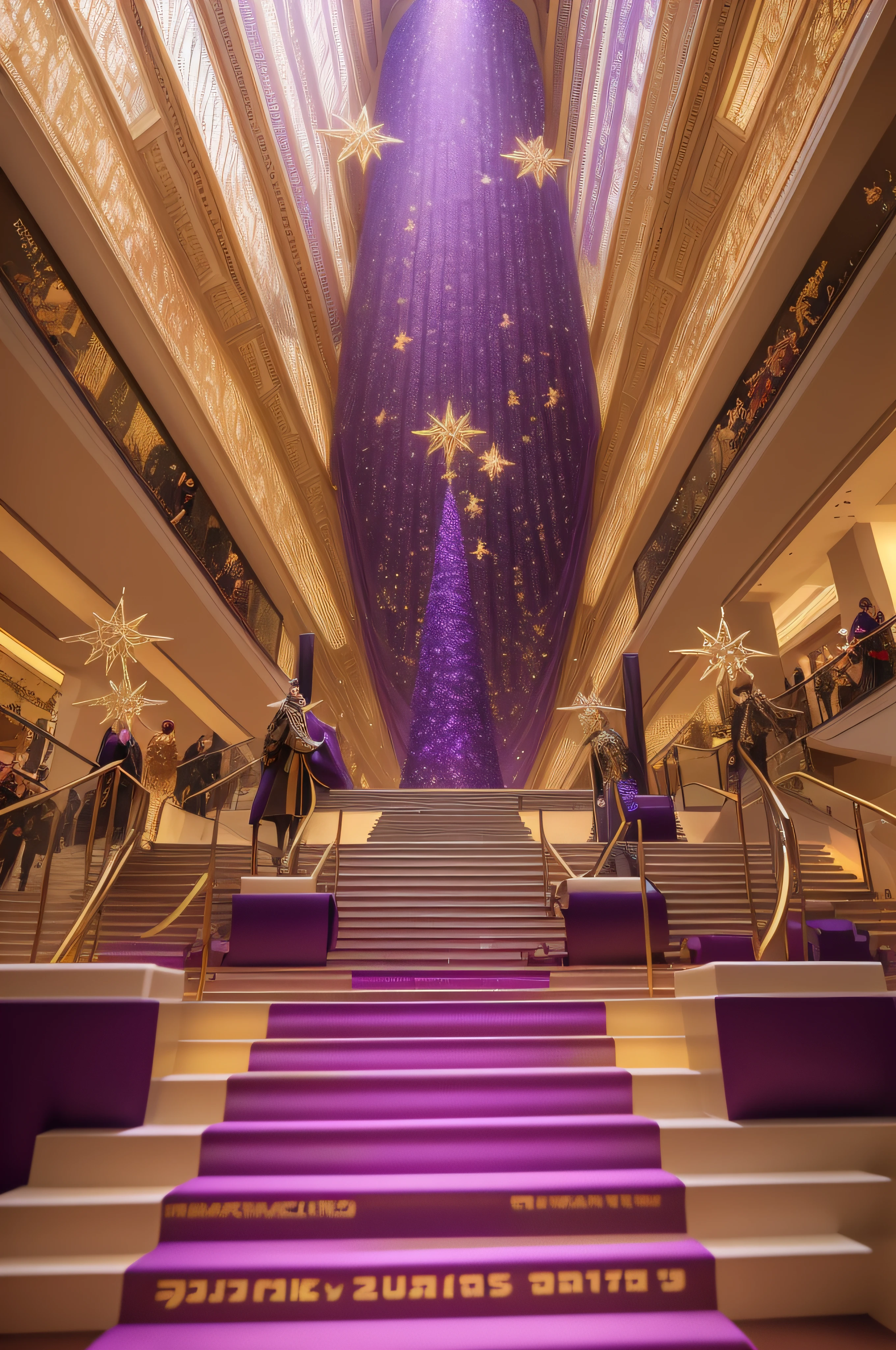 Stairs leading to the Christmas tree in the purple carpeted building, Festive atmosphere, in magnificent shopping mall, masterpiece work of art, Richly decorated, on a futuristic shopping mall, warm and joyful atmosphere, true realistic image, intricate sparkling atmosphere, Decorated height, master piece, award-winning masterpiece, Museum masterpieces, mall background, courtyard, Festive, Sparkling atmosphere