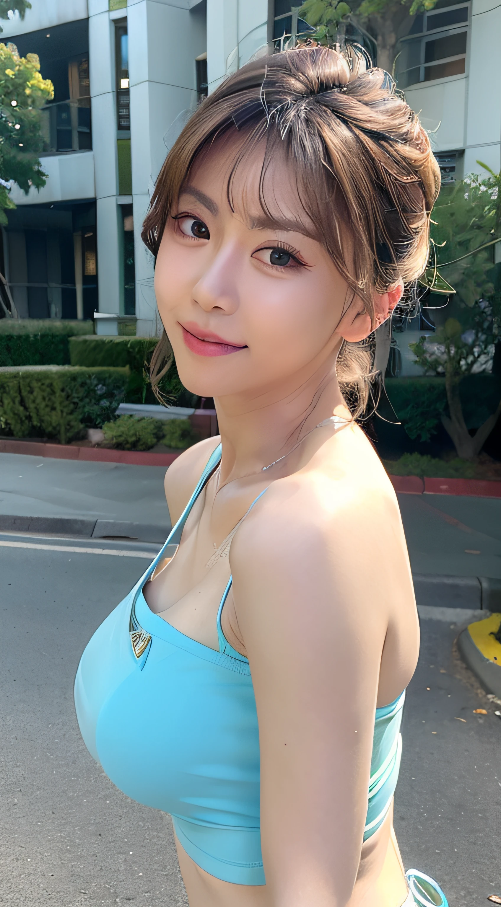 (8K, Raw photo, Best Quality, masutepiece:1.2), (Realistic, Photorealsitic:1.37), Best Quality, 超A high resolution, NFSW Backlit, light  leaks, Dynamic lighting, slim, Smooth skin,  (pureerosface_v1:1), bond, Navel, Kpop Idol, (Beautiful detailed eyes:1),(beautifull detailed face:1),(Freebuff:1.2), Outdoors, ulzzang-6500, 1girl in,Upper body, (:1.2), ,  from the front side, Front view,  Looking at Viewer, Huge breasts, arms behind back, Street, Sunlight,((Aya Ueto)),