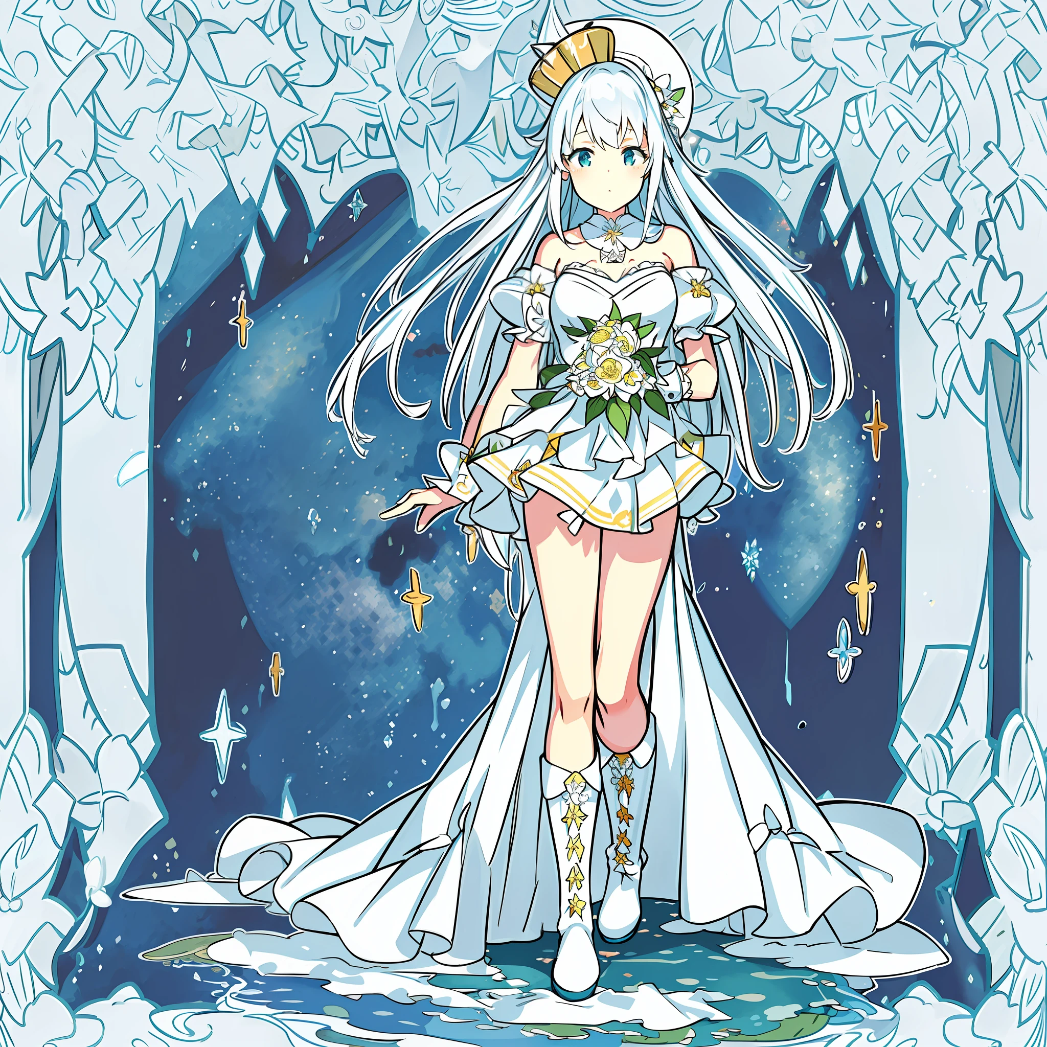 best quality,highly detailed,masterpiece,ultra-detailed,illustration,wallpaper,1girl,solo,full body,Flowery meadow,beautiful detailed glow,starry sky,white_hair,artbook,long hair,wedding_dress,boots,mini_top_hat,medium breast,solo,ojousama,{{{giantess}}},multiple_girls,food on face,stand,Bare thigh,night,rain