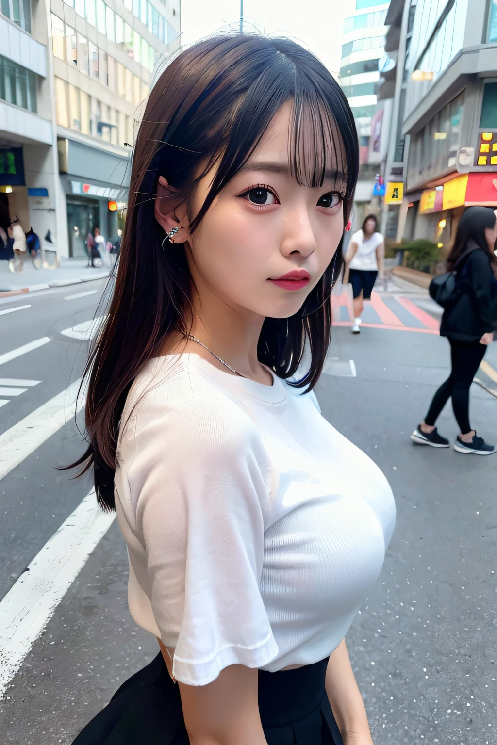 top-quality、超A high resolution、(Photorealsitic:1.4)、1人、white shirt、Black tight skirt、piercings、(faded ash gray hair:1)、(huge-breasted:1.2)、looking at viewert、a closeup、in a street, natta, neon light,