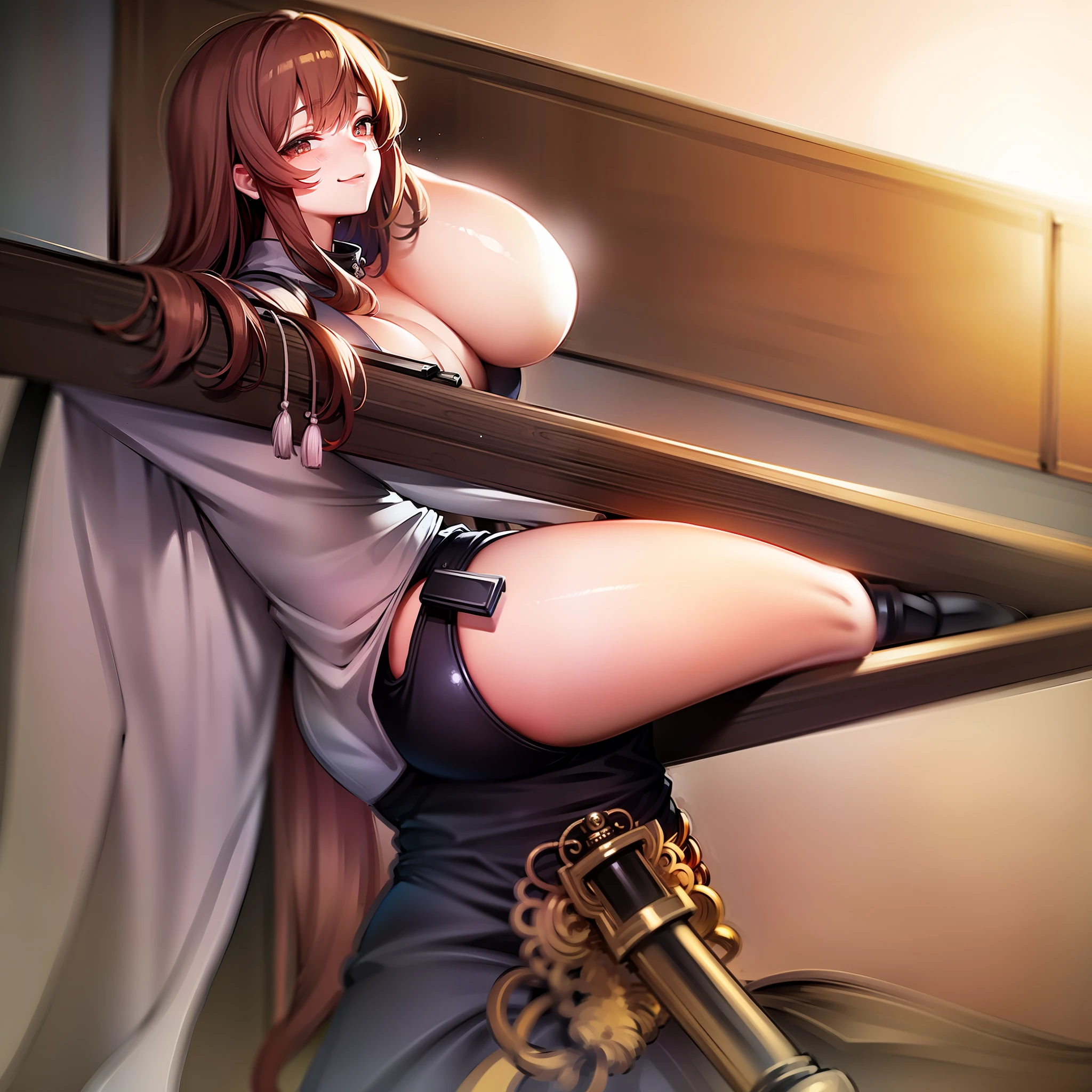 Masterpiece, A high resolution, Best quality, 1girl solo, Kamisato_Ayaka, Smiling, holdingsword ,huge tit