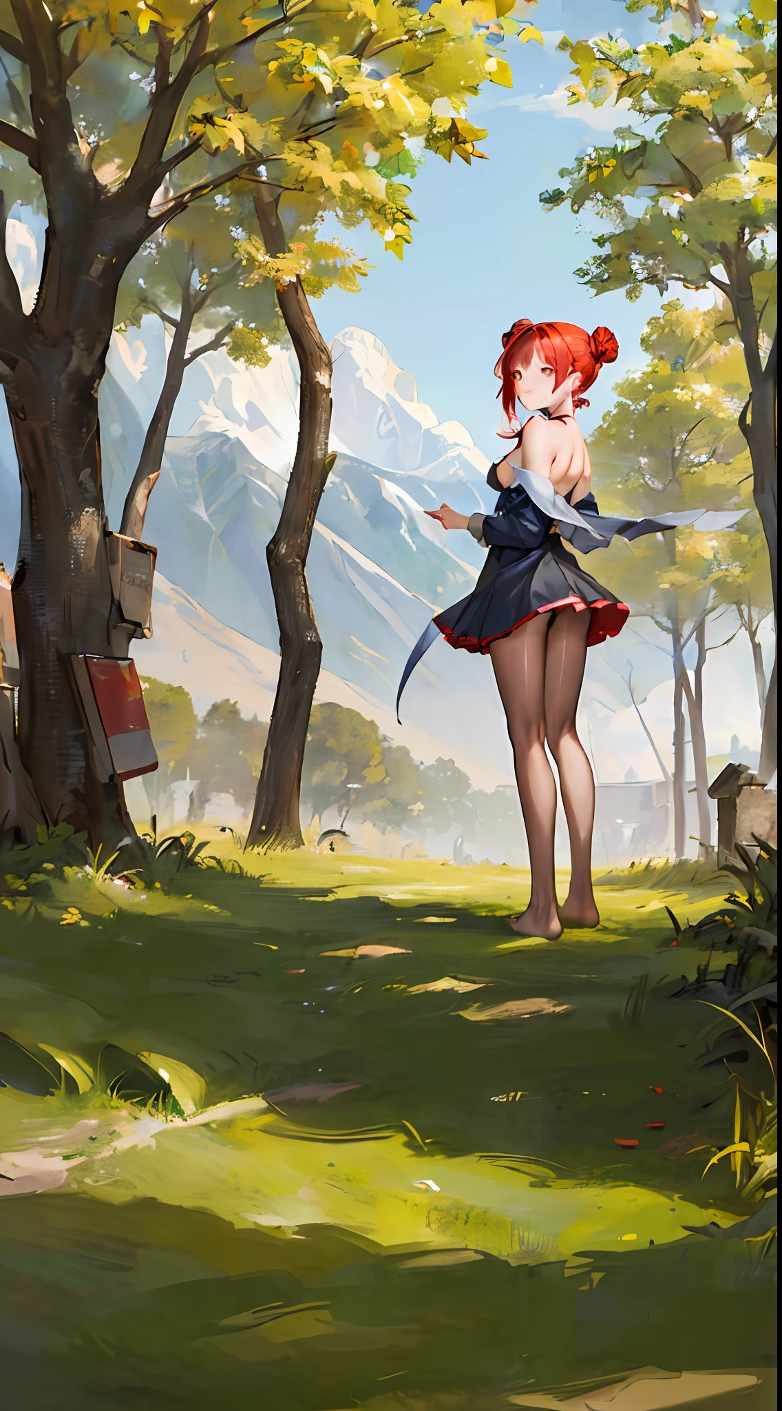 ((masterpiece,best quality)),full body view, feet in view, 2girls, short skirt, nip slip, wind-blowing, black pantyhose, no shoes, black ribbon, black hair, day, flower, hair bun, hair ribbon, long hair, looking at viewer, looking back, multiple girls, outdoors, red eyes, red hair, ribbon, single hair bun, standing, statue, trees, yellow eyes, mountains, forest,