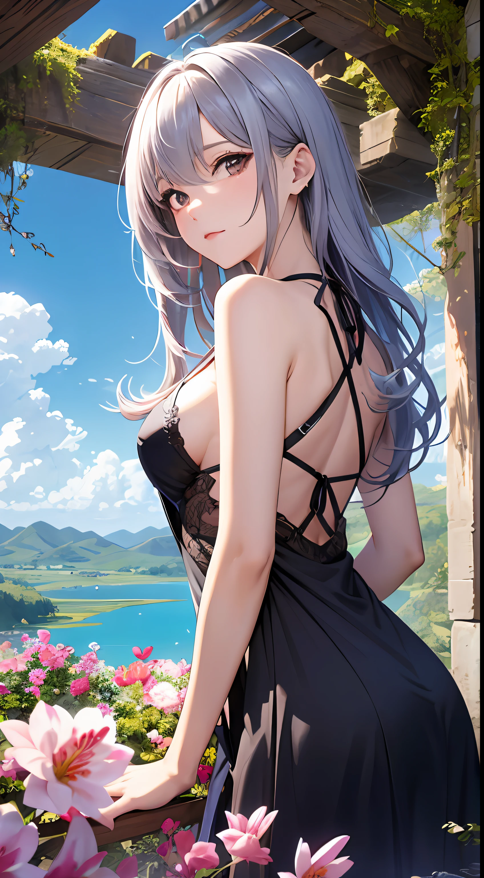 (Close-up of the painting style,8k ultra high definition,Masterpiece grade vista CG wallpaper),Beautiful skyline,Magnificent sky,美丽细致的眼睛,cute girly,Perfect slim body,shift dresses,Pure eyes,The skin is smooth like a baby,Stand on a high hanging waterfall overlooking the earth,Skysky,lakes,Colorful flowers and plants。