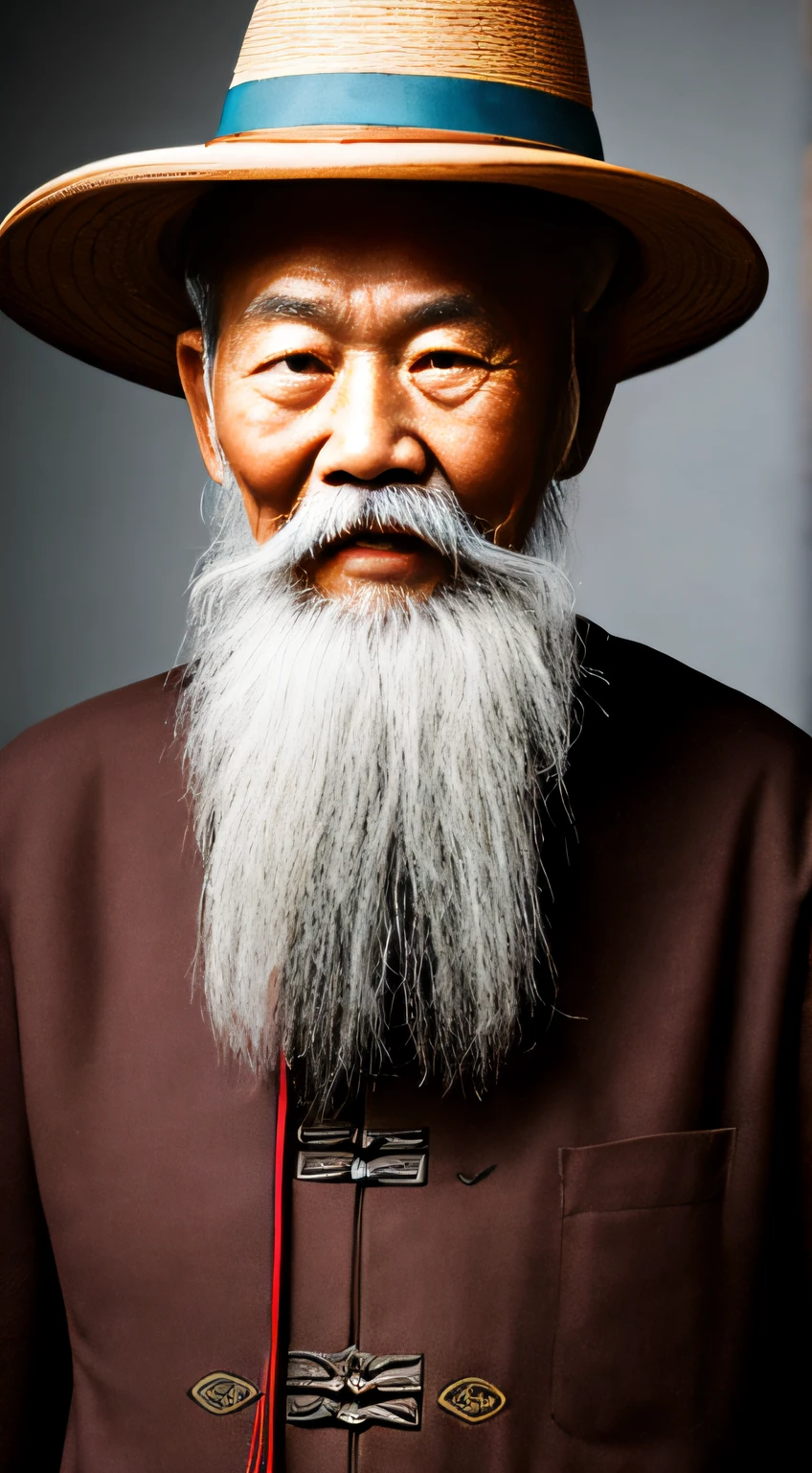 Portrait of an old Chinese man on the upper body，With a hat，Looks knowledgeable，Long beard，com rosto detalhado， Ultra HD in 8K, Digital SLR, Soft lighting, High quality, voluminetric lighting, candid, photographed, high resolution, 4K, 8K，Colorful