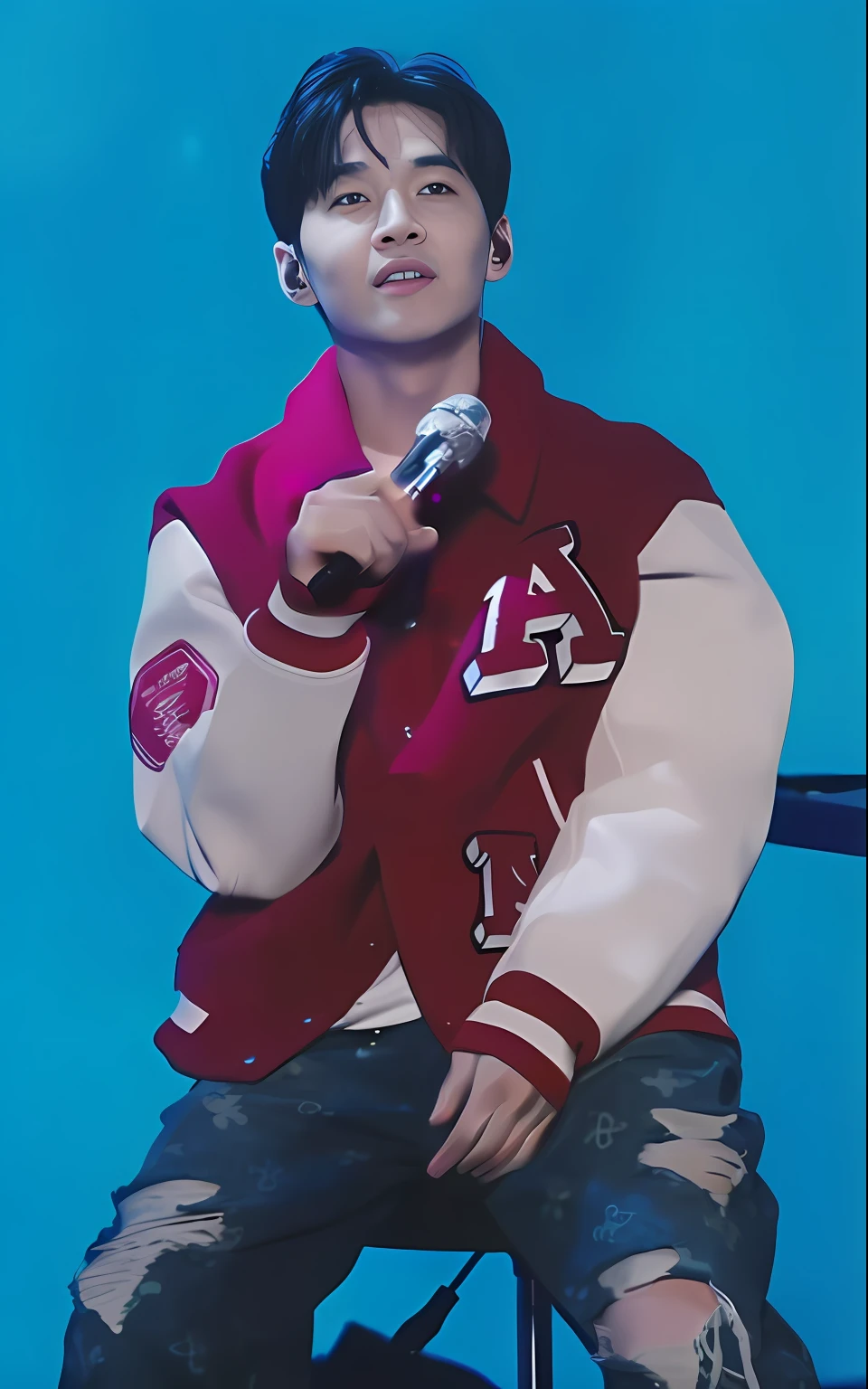 Alafis holding a microphone in a red jacket and jeans, Cai Xukun, jimin\'s plump lips, wearing red jacket, park jimin, Inspired by Bian Shoumin, jimin\'s grecian nose, wearing a jacket, key still, cool red jacket, jimin, jinyoung shin aesthetic, jungkook, Performing on stage, Kim Do-young, Red jacket, jia