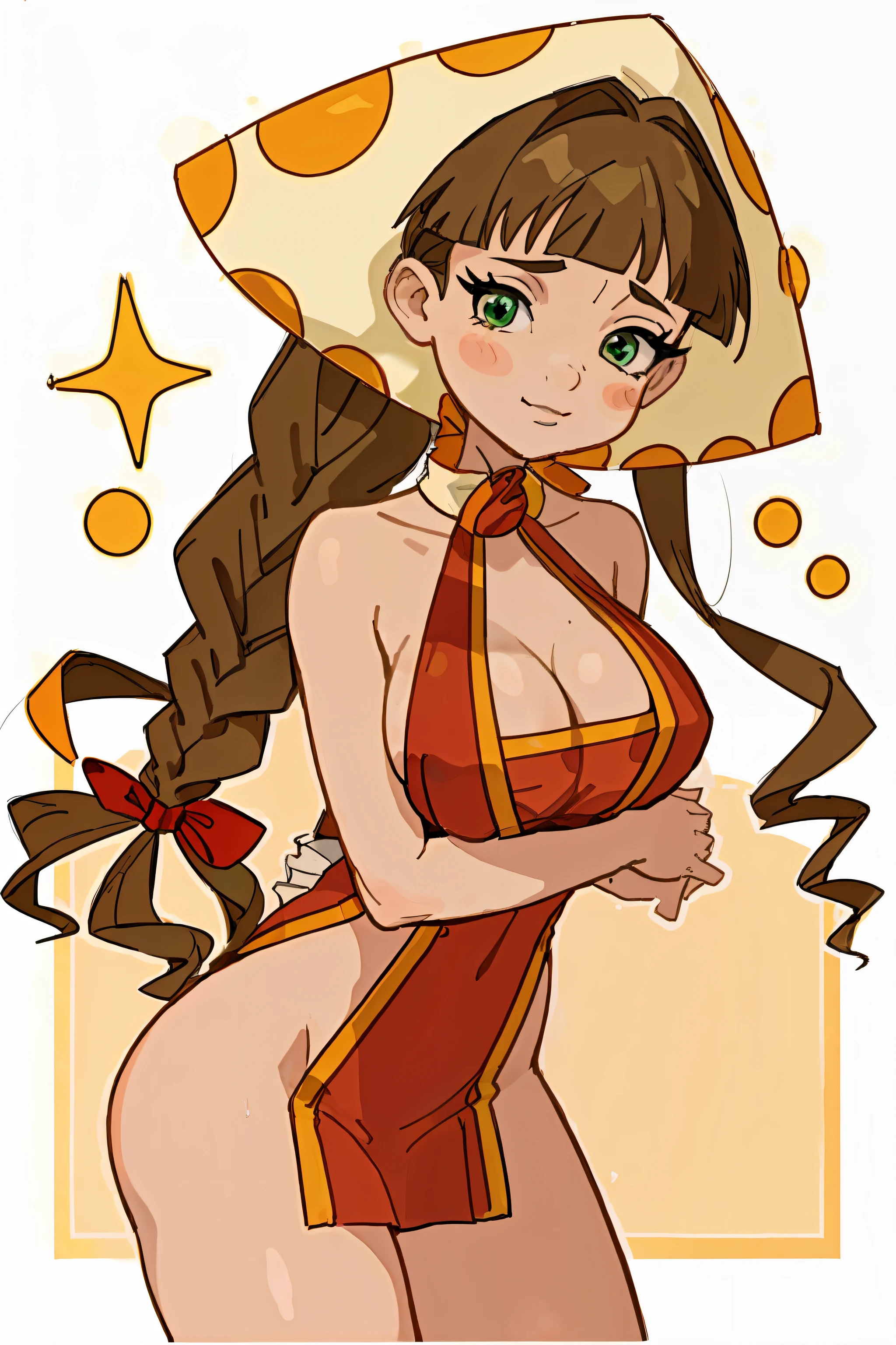 (tmasterpiece, beste-Qualit, 1girl:1.2, 独奏:1.3), Lyubava, hairlong, green colored eyes, brown-hair, braid, ((A red hat with yellow circles)), headdress, blush stickers, freckles, wrapped in a white towel, Droplets of sweat, sauna, stocklings, décolleté, Flirtation, humble, ssmile, Sun light, big breastes, big thighs, thights, big breastes, sexypose