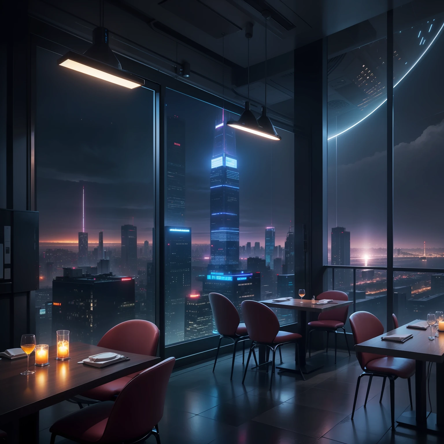 Restaurant with night view、cyberpunked、A futuristic world、top-quality、masterpiece、超A high resolution、SF、skyscraper