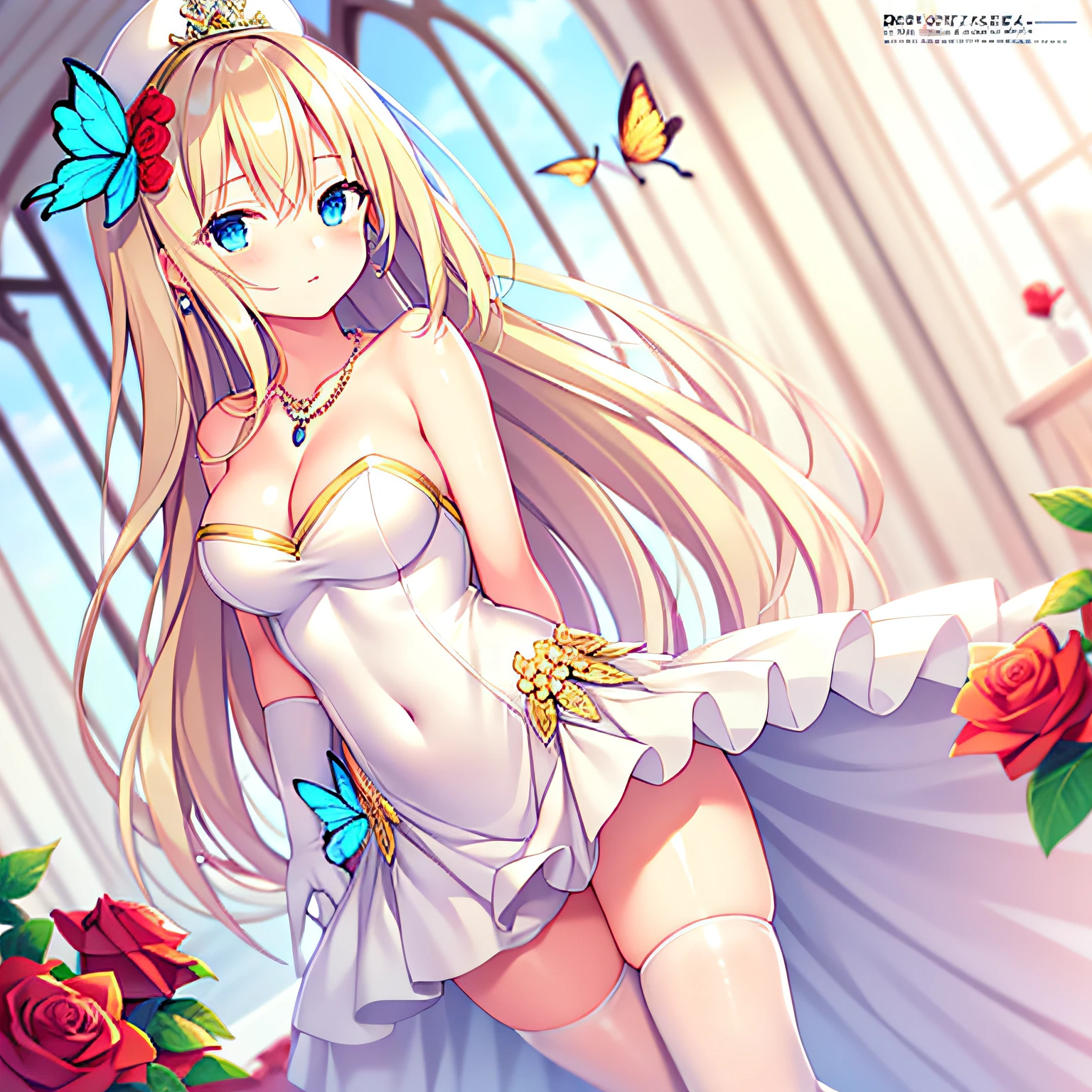 Saratoga (warship girls r),((Masterpiece)), (((Best quality))), ((Ultra-detailed)), ((illustration)), ((Disheveled hair)), ((frilld)), (1 girl), (Solo),alternative costume, Blonde hair, Blue eyes, Blush, Breasts, Bugs, Butterfly, cleavage, Clothing, crown, dress, False wings, Female, flower, frill dress, frilld, full bodyesbian, mitts, Headwear, jewelry, Large breasts, Long hair, necklace, Red flower, Red rose, Rose, Short dress, Solo, No shoulder strap, Strapless dress, head gear, White dress, White gloves,