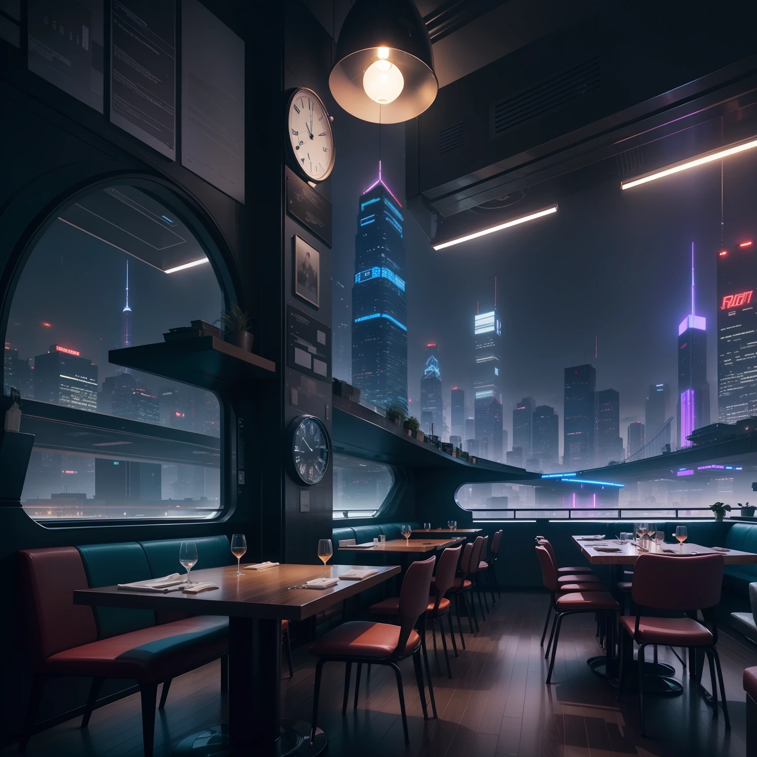 Restaurant with night view、cyberpunked、A futuristic world、top-quality、masterpiece、超A high resolution、SF、skyscraper