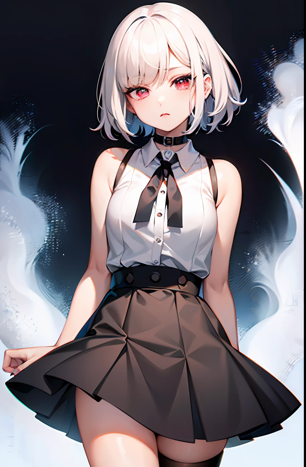 best quality, ultra high res, 1girl, sleeveless white button shirt, black skirt, black choker, cute, (Kpop idol), (aegyo sal:1), (platinum blonde hair:1), ((puffy eyes)), looking at viewer, full body, facing front