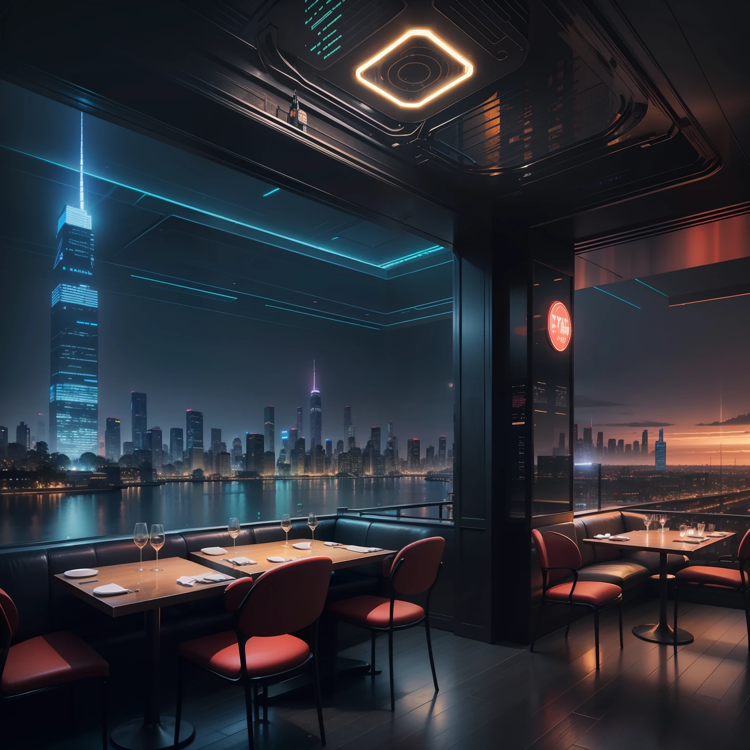 Restaurant with night view、cyberpunked、A futuristic world、top-quality、masterpiece、超A high resolution、SF、skyscraper