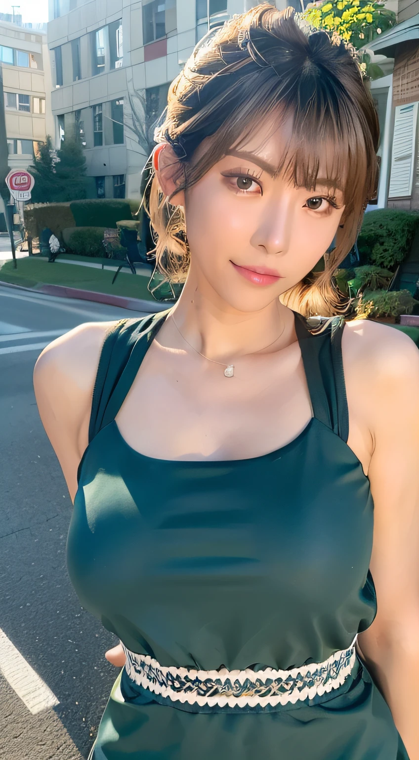 (8K, Raw photo, Best Quality, masutepiece:1.2), (Realistic, Photorealsitic:1.37), Best Quality, 超A high resolution, NFSW Backlit, light leaks, Dynamic lighting, slim, Smooth skin, (pureerosface_v1:1), bond, Navel, Kpop Idol, (Beautiful detailed eyes:1),(beautifull detailed face:1),(Freebuff:1.2), Outdoors, ulzzang-6500, 1girl in,Upper body, (:1.2), , from the front side, Front view, Looking at Viewer, Huge breasts, arms behind back, Street, Sunlight,((Aya Ueto)),