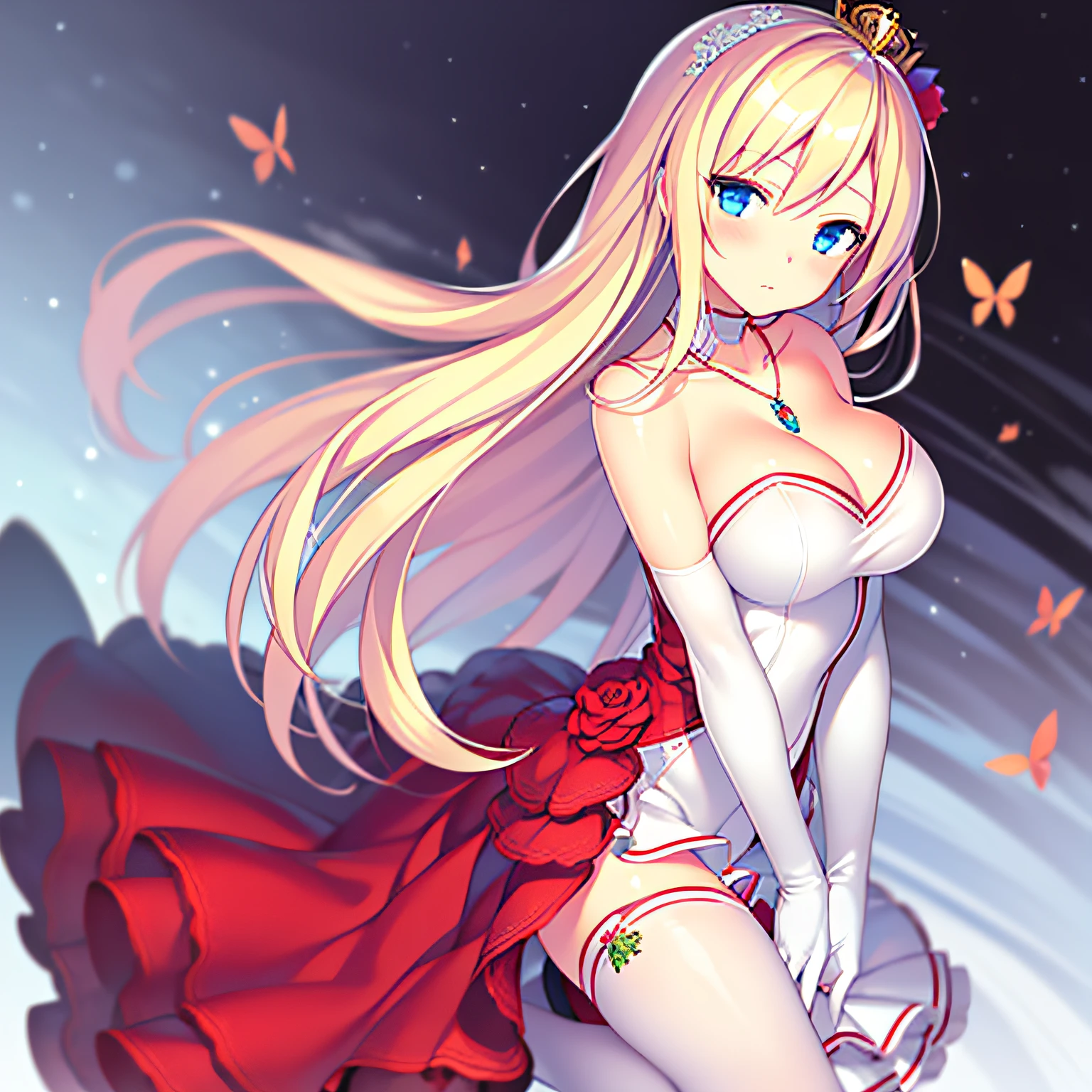 Saratoga (warship girls r),((Masterpiece)), (((Best quality))), ((Ultra-detailed)), ((illustration)), ((Disheveled hair)), ((frilld)), (1 girl), (Solo),alternative costume, Blonde hair, Blue eyes, Blush, Breasts, Bugs, Butterfly, cleavage, Clothing, crown, dress, False wings, Female, flower, frill dress, frilld, full bodyesbian, mitts, Headwear, jewelry, Large breasts, Long hair, necklace, Red flower, Red rose, Rose, Short dress, Solo, No shoulder strap, Strapless dress, head gear, White dress, White gloves,