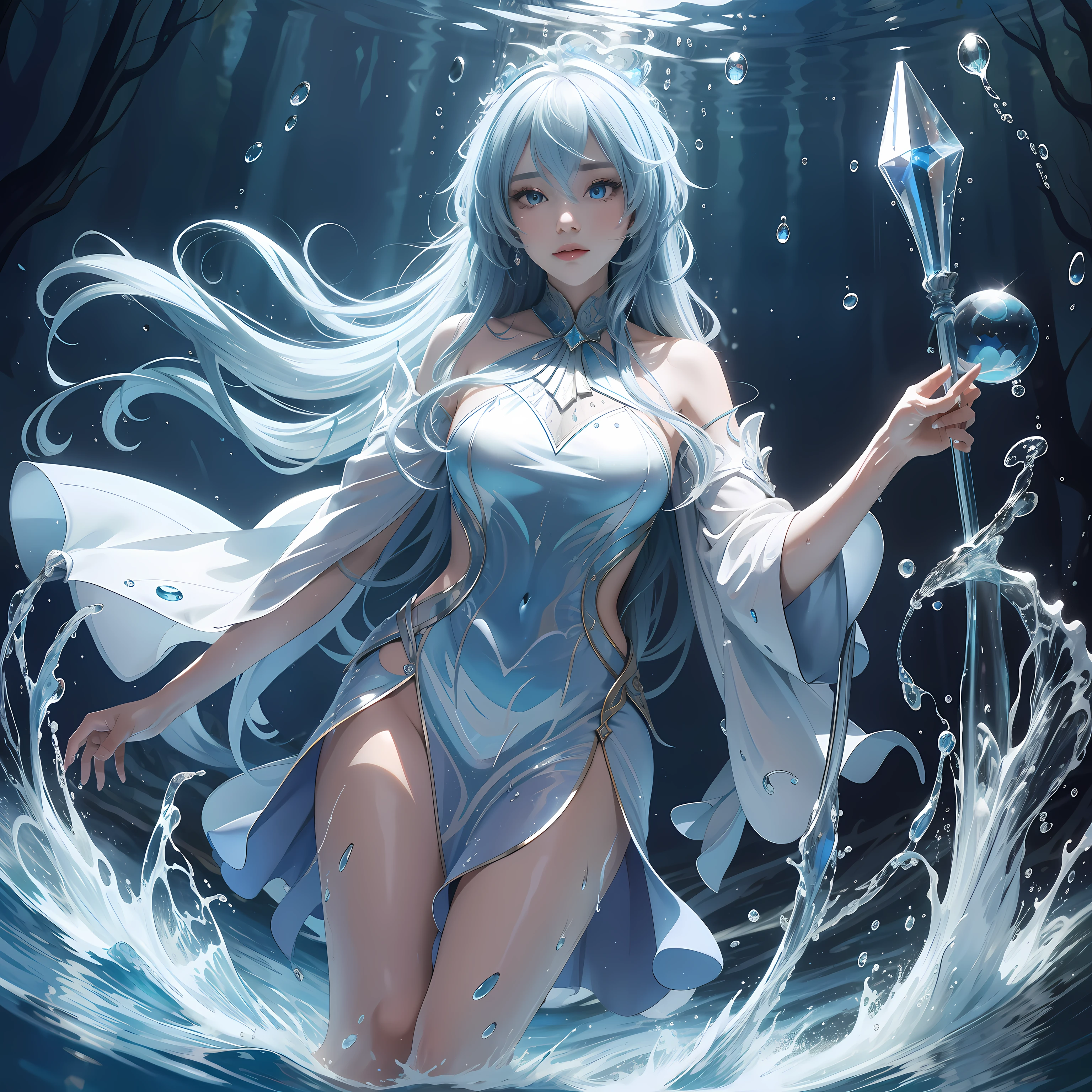 fish eye, Masterpiece, Top quality, Best quality, offcial art, Beautiful and aesthetic，A detailed，8K image quality water, (Flowing water),flowing water droplets,(splashing water drops),Water magic,Water Magic Practice，（Fall in the hands）, 1girll, （（Wand in hand with magic hat）），Magic cloak，Slim body bank，long  white hair, Beautiful face，High value，crystal sphere，shadowy，shift dresses，libraryai