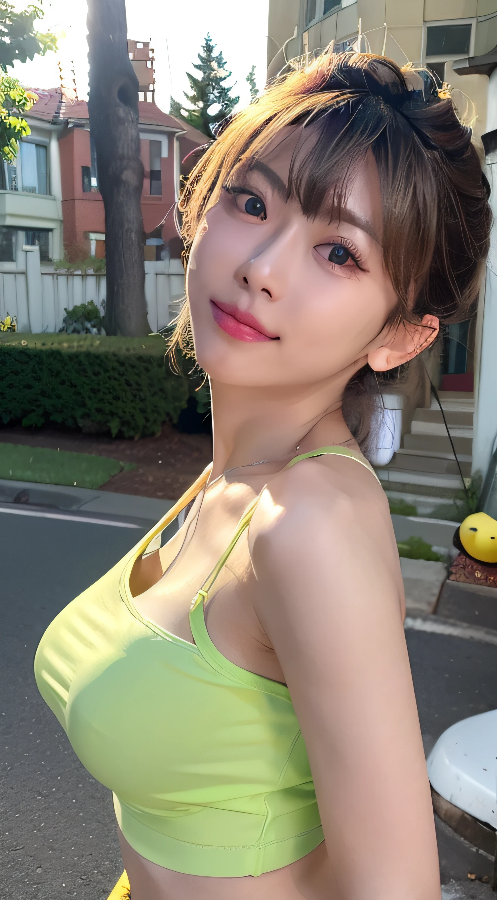 (8K, Raw photo, Best Quality, masutepiece:1.2), (Realistic, Photorealsitic:1.37), Best Quality, 超A high resolution, NFSW Backlit, light  leaks, Dynamic lighting, slim, Smooth skin,  (pureerosface_v1:1), bond, Kpop Idol, (Beautiful detailed eyes:1),(beautifull detailed face:1),(Freebuff:1.2), Outdoors, ulzzang-6500, 1girl in,Upper body, (:1.2), ,  from the front side, Front view,  Looking at Viewer, Huge breasts, arms behind back, Street, Sunlight,((Aya Ueto)),