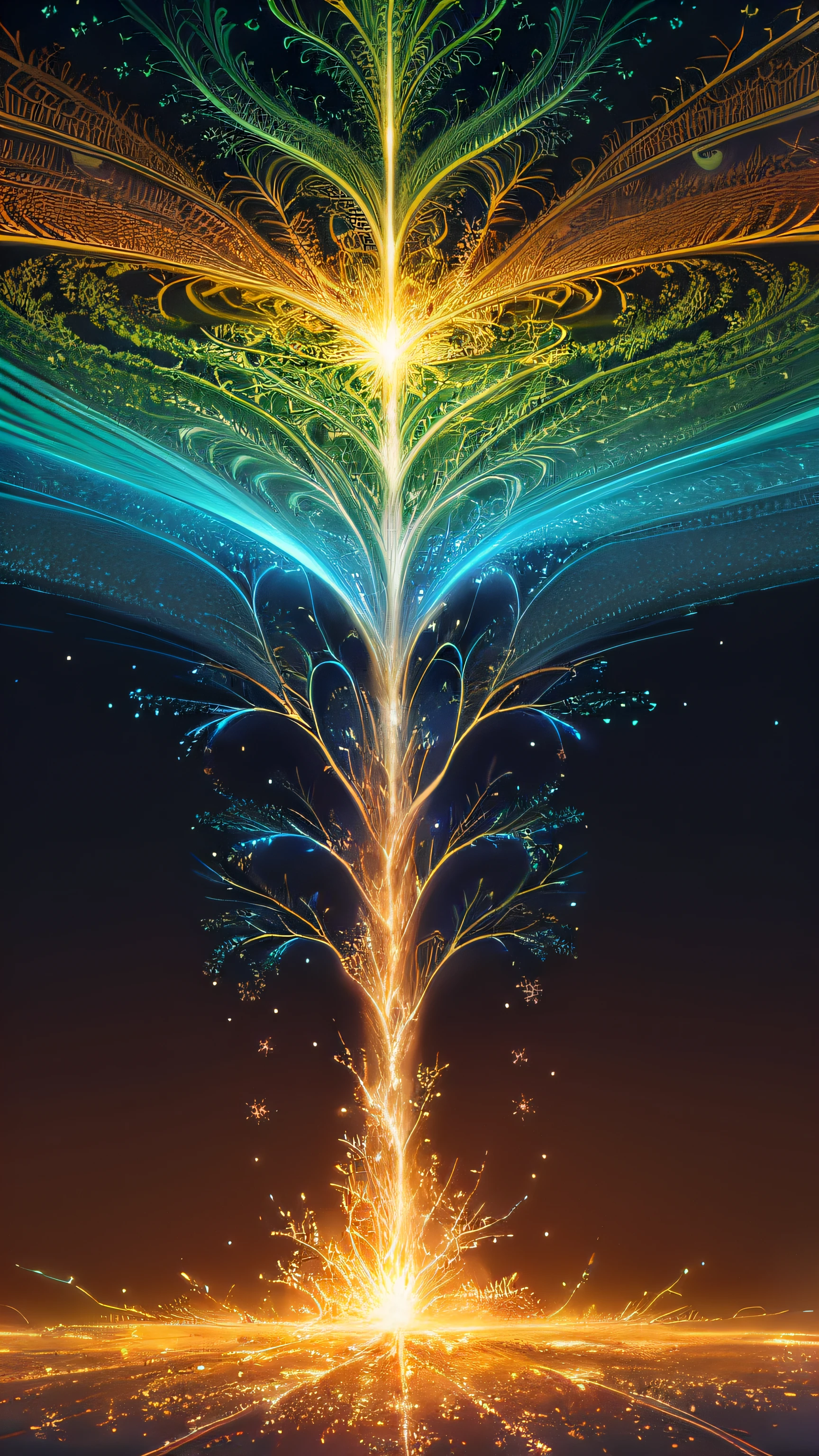 (masterpiece, top quality, best quality, official art, beautiful and aesthetic:1.2), (fractal art:1.5), highest detailed, super detailed, soul card, line, (light streaks), (dynamic streaks, luminous trails:1.2), (flower), (tree), (star), (polygon), GlowingRunesAI_golden,